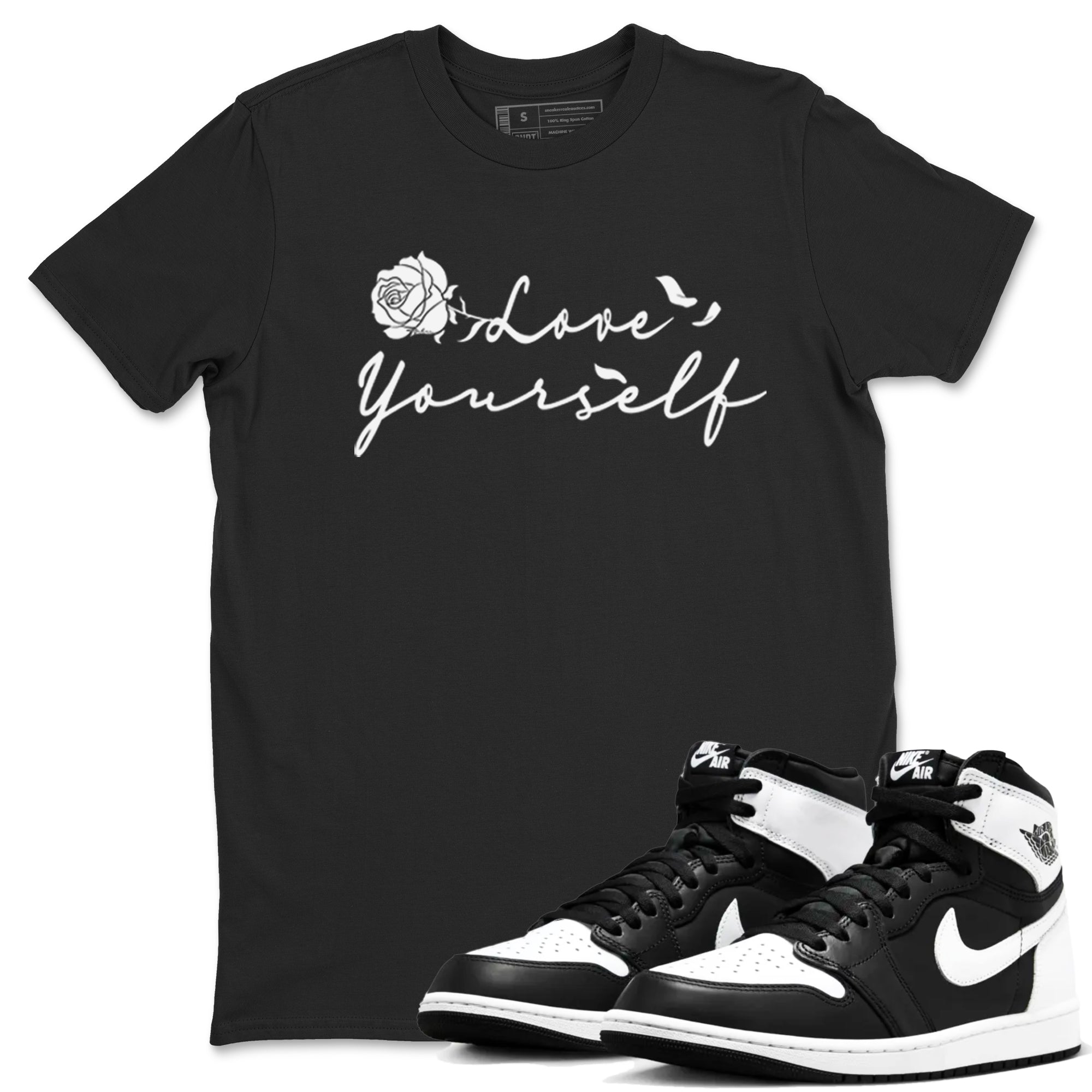 1s Black White shirt to match jordans Love Yourself sneaker tees Air Jordan 1 High OG Black White Drip Gear Zone unisex cotton Black 1 crew neck shirt