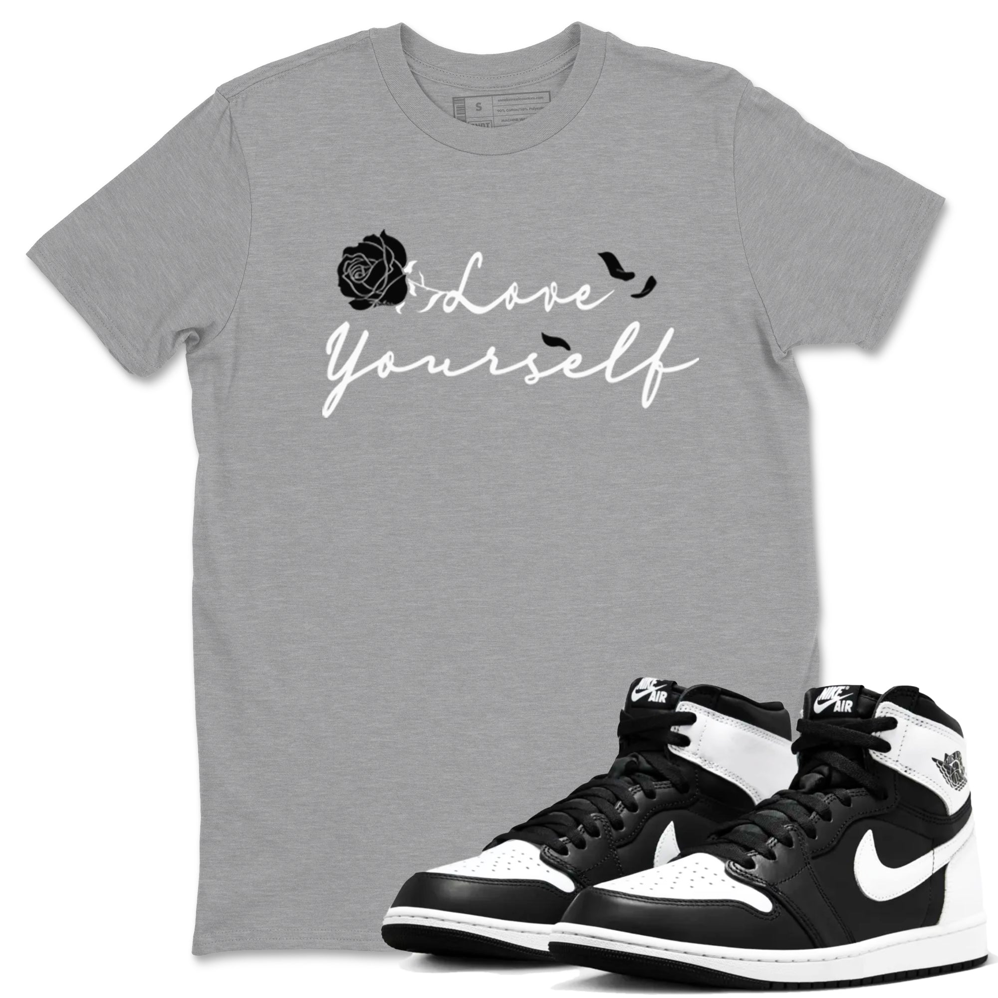1s Black White shirt to match jordans Love Yourself sneaker tees Air Jordan 1 High OG Black White Drip Gear Zone unisex cotton Heather Grey 1 crew neck shirt