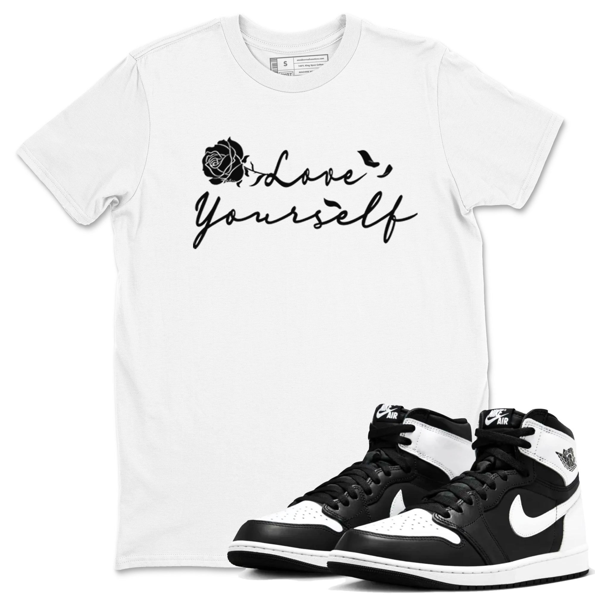 1s Black White shirt to match jordans Love Yourself sneaker tees Air Jordan 1 High OG Black White Drip Gear Zone unisex cotton White 1 crew neck shirt