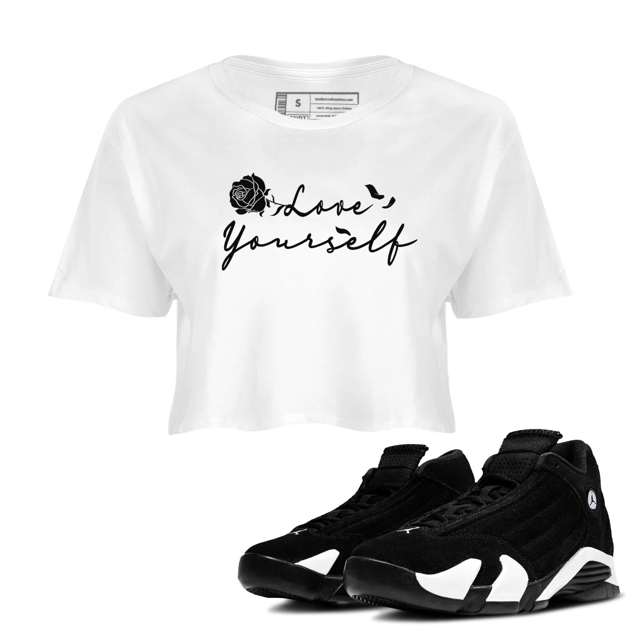 14s Panda shirt to match jordans Love Yourself sneaker tees Air Jordan 14 Panda Drip Gear Zone White 1 crop length shirt
