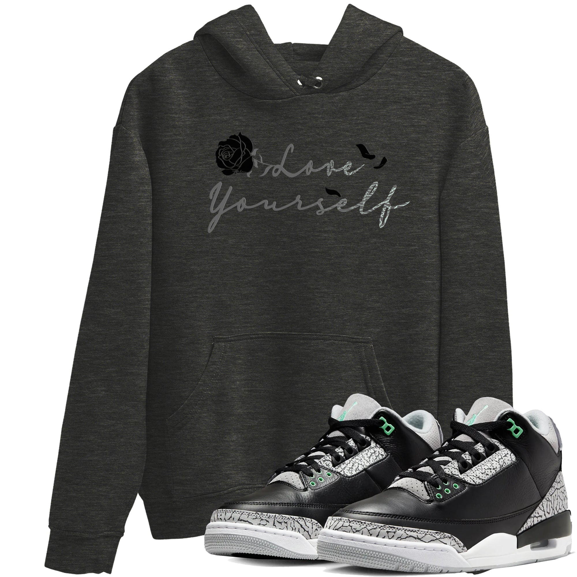 3s Green Glow shirt to match jordans Love Yourself sneaker tees Air Jordan 3 Green Glow Drip Gear Zone unisex cotton Charcoal Heather 1 crew neck shirt