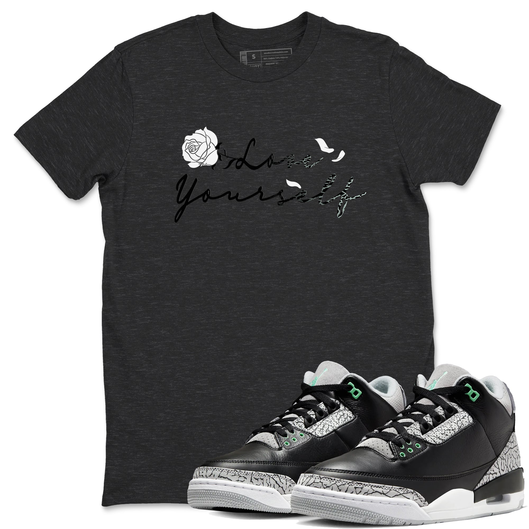 3s Green Glow shirt to match jordans Love Yourself sneaker tees Air Jordan 3 Green Glow Drip Gear Zone unisex cotton Charcoal Heather 1 crew neck shirt