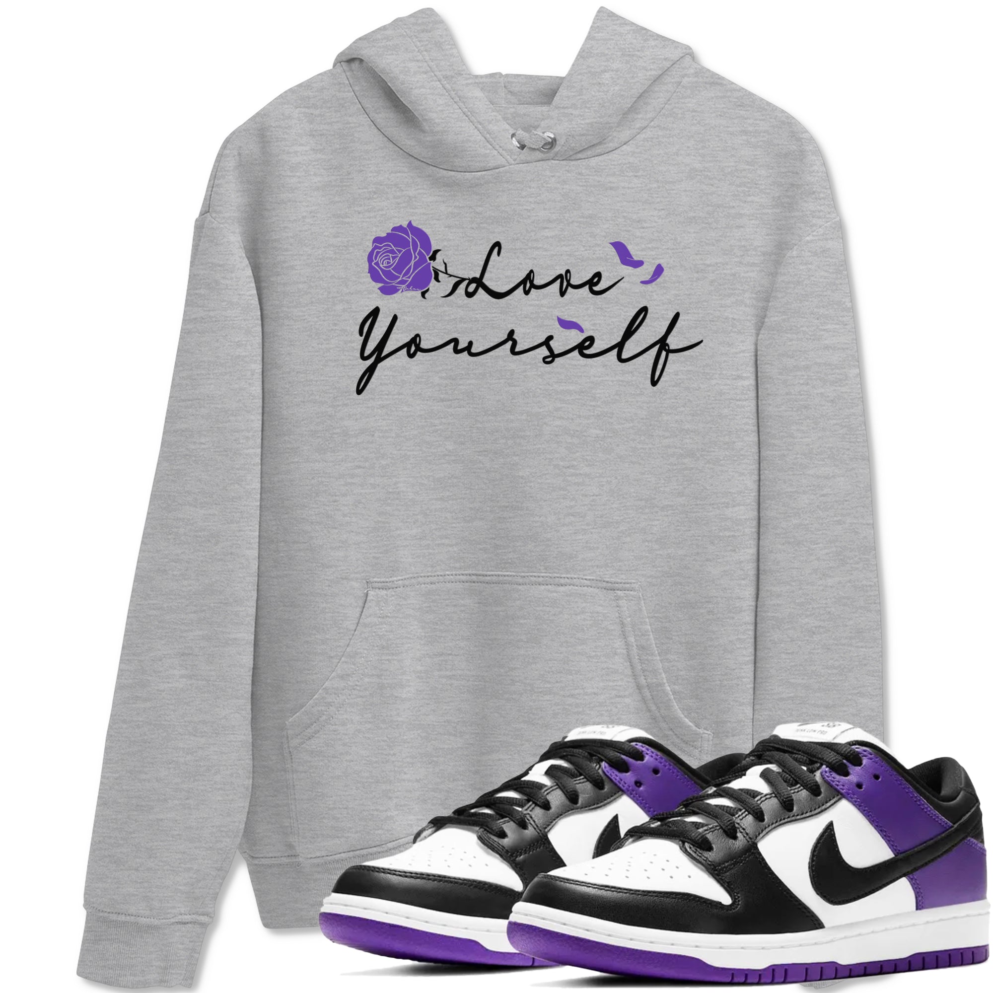 Love Yourself sneaker match tees to Court Purple Dunks street fashion brand for shirts to match Jordans Drip Gear Zone Dunks Low Court Purple unisex t-shirt Heather Grey 1 unisex shirt