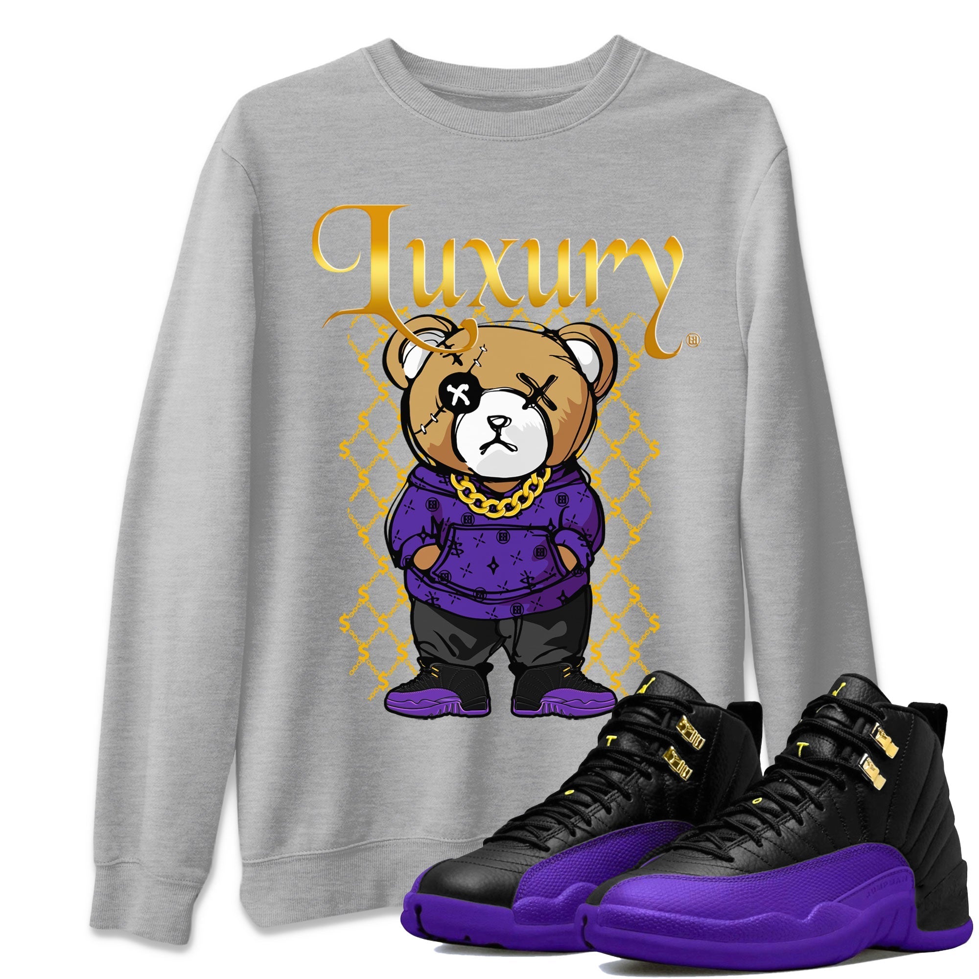 Air Jordan 12 Retro Field Purple shirt to match jordans Luxury Bear Streetwear Sneaker Shirt Air Jordan 12 Retro Field Purple Drip Gear Zone Sneaker Matching Clothing Unisex Heather Grey 1 T-Shirt