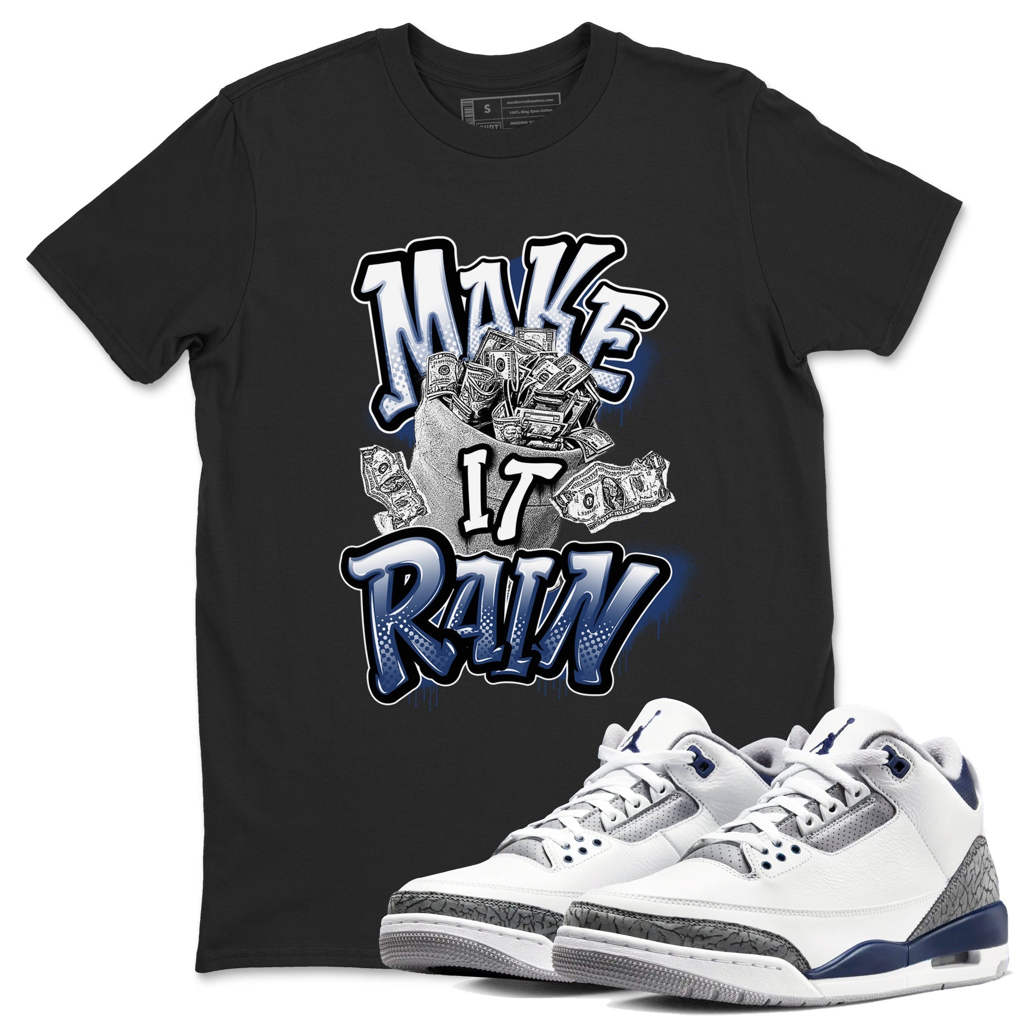 3s Midnight Navy shirt to match jordans Make It Rain sneaker match t-shirt AJ3 Midnight Navy Drip Gear Zone unisex cotton Black 1 Crew Neck T-Shirt