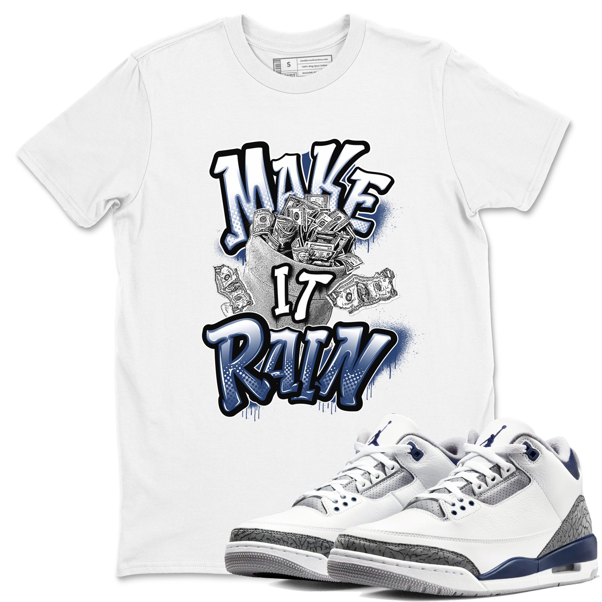 3s Midnight Navy shirt to match jordans Make It Rain sneaker match t-shirt AJ3 Midnight Navy Drip Gear Zone unisex cotton White 1 Crew Neck T-Shirt