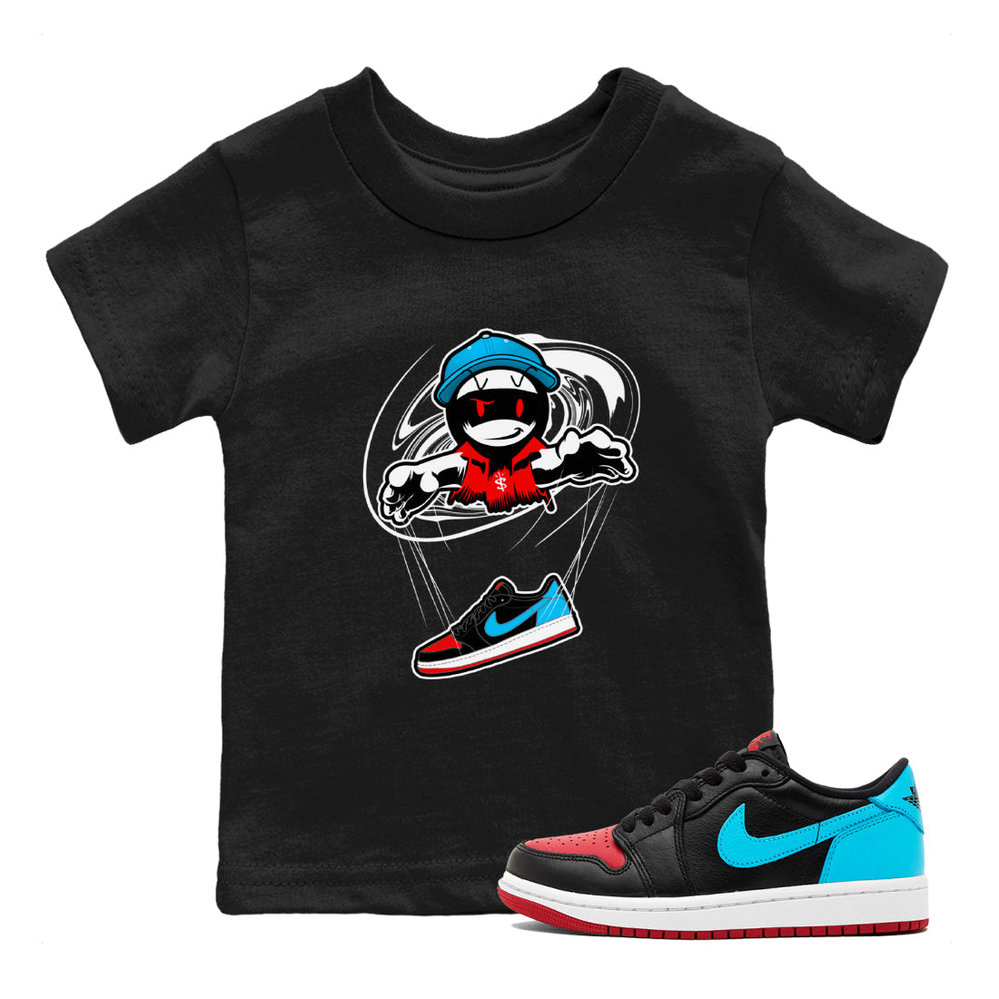 Air Jordan 1 UNC to Chicago shirt to match jordans Marionette Streetwear Sneaker Shirt AJ1 UNC to Chicago Drip Gear Zone Sneaker Matching Clothing Baby Toddler Black 1 T-Shirt