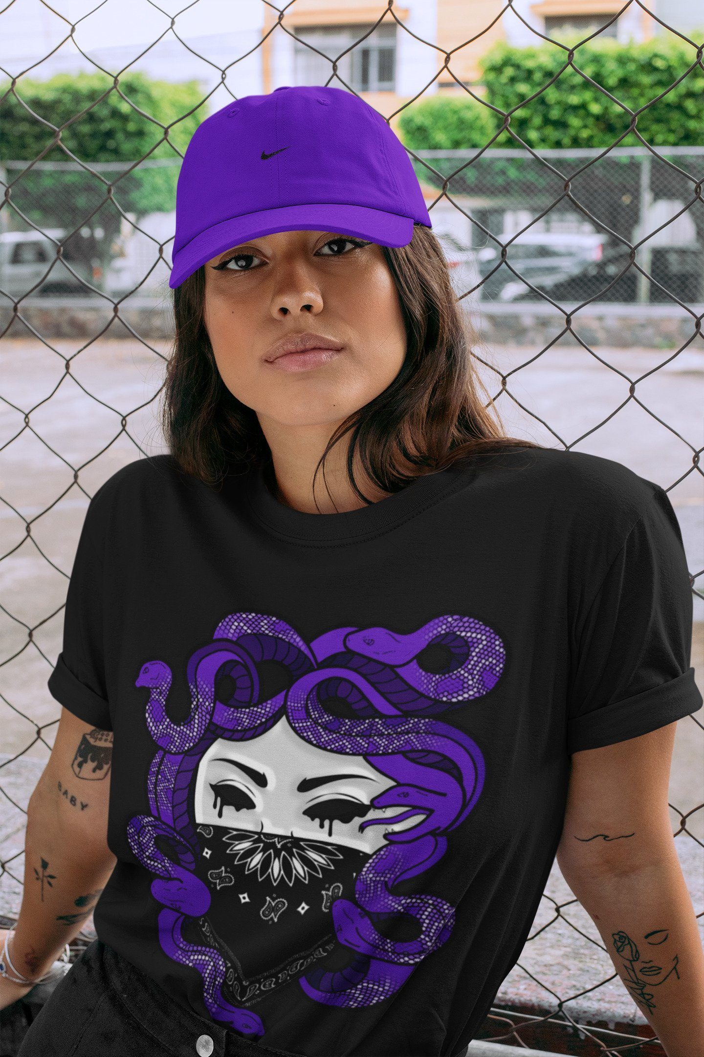Jordan 1 Court Purple Sneaker Matching T-Shirt Medusa Sneaker Tees Jordan 1 Court Purple Sneaker Release Tees Crew Neck Tees