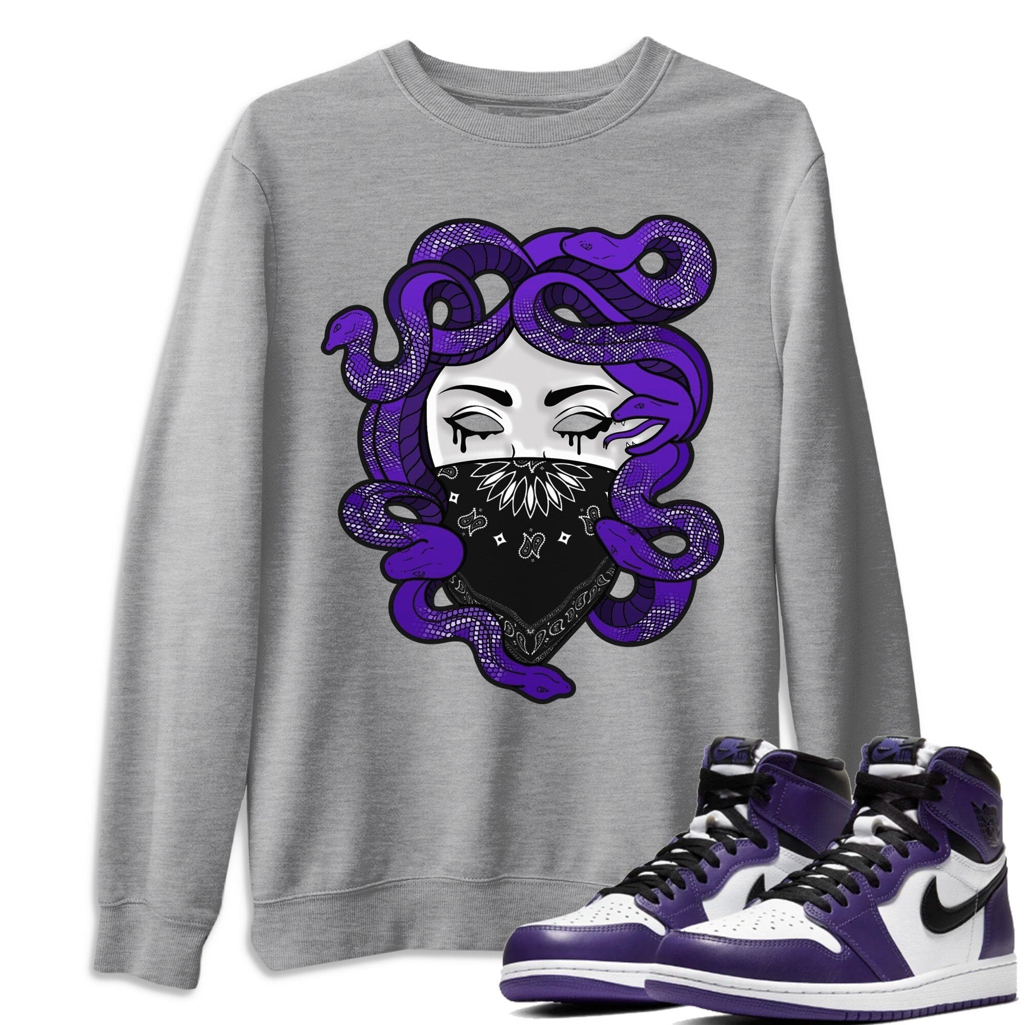 Jordan 1 Court Purple Sneaker Matching T-Shirt Medusa Sneaker Tees Jordan 1 Court Purple Sneaker Release Tees Crew Neck Tees