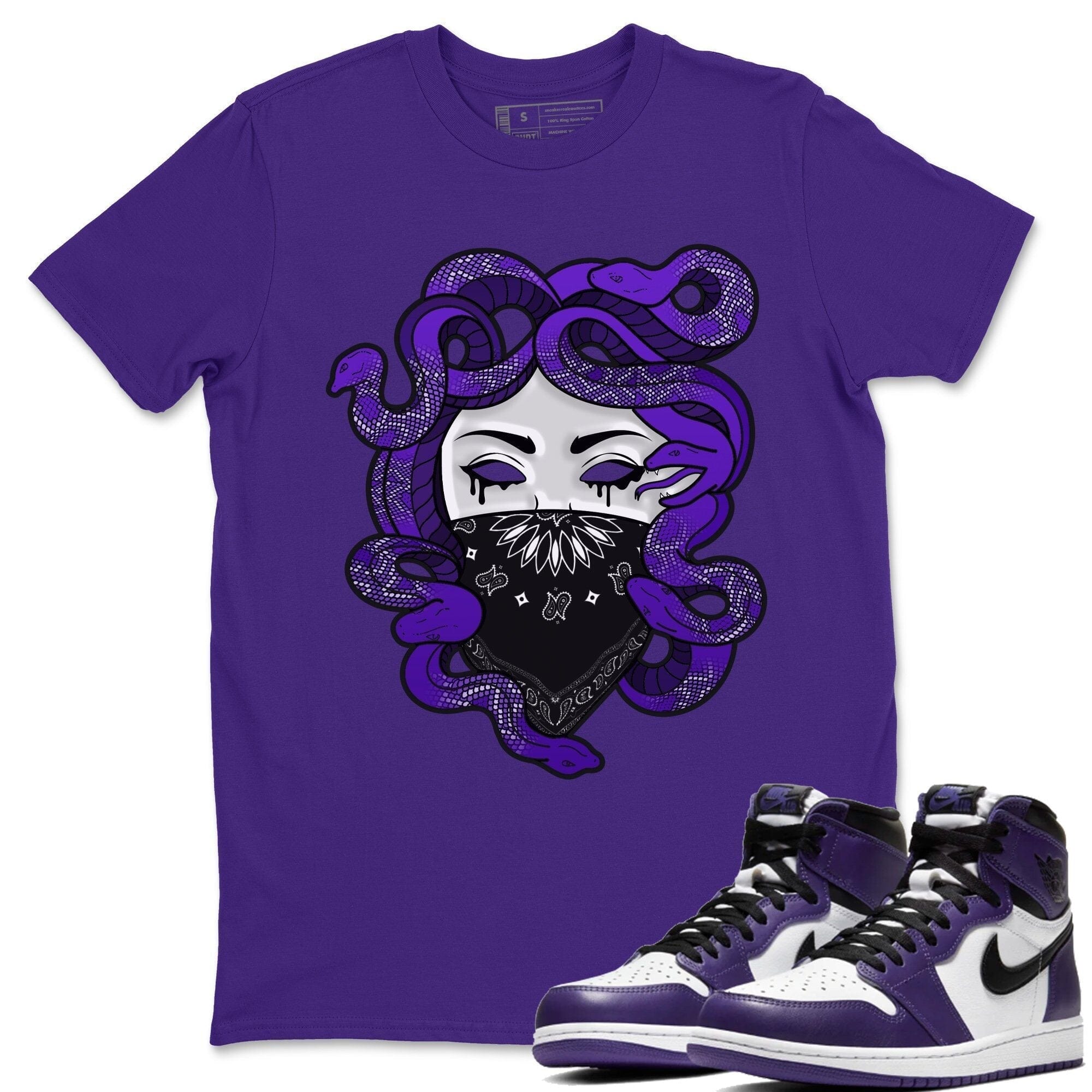 Jordan 1 Court Purple Sneaker Matching T-Shirt Medusa Sneaker Tees Jordan 1 Court Purple Sneaker Release Tees Crew Neck Tees