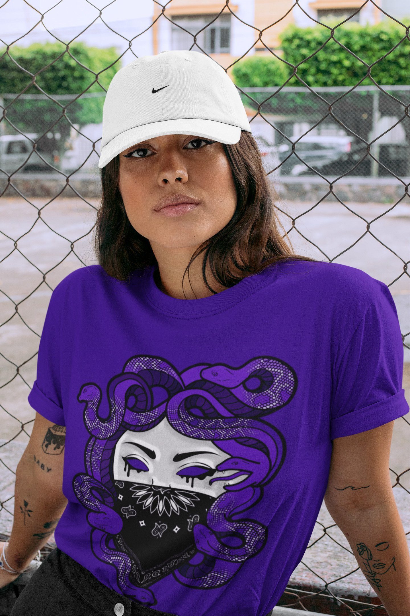 Jordan 1 Court Purple Sneaker Matching T-Shirt Medusa Sneaker Tees Jordan 1 Court Purple Sneaker Release Tees Crew Neck Tees