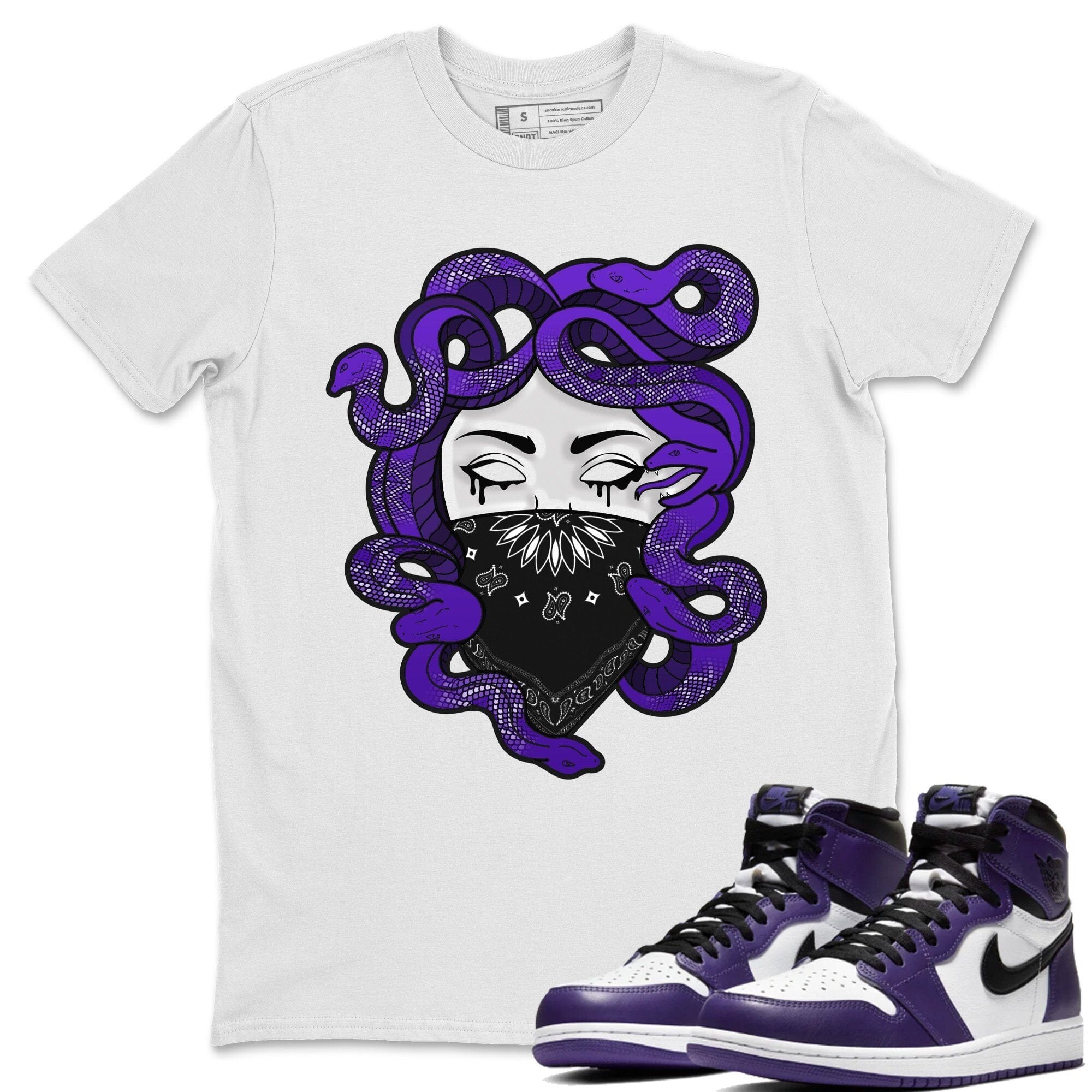 Jordan 1 Court Purple Sneaker Matching T-Shirt Medusa Sneaker Tees Jordan 1 Court Purple Sneaker Release Tees Crew Neck Tees