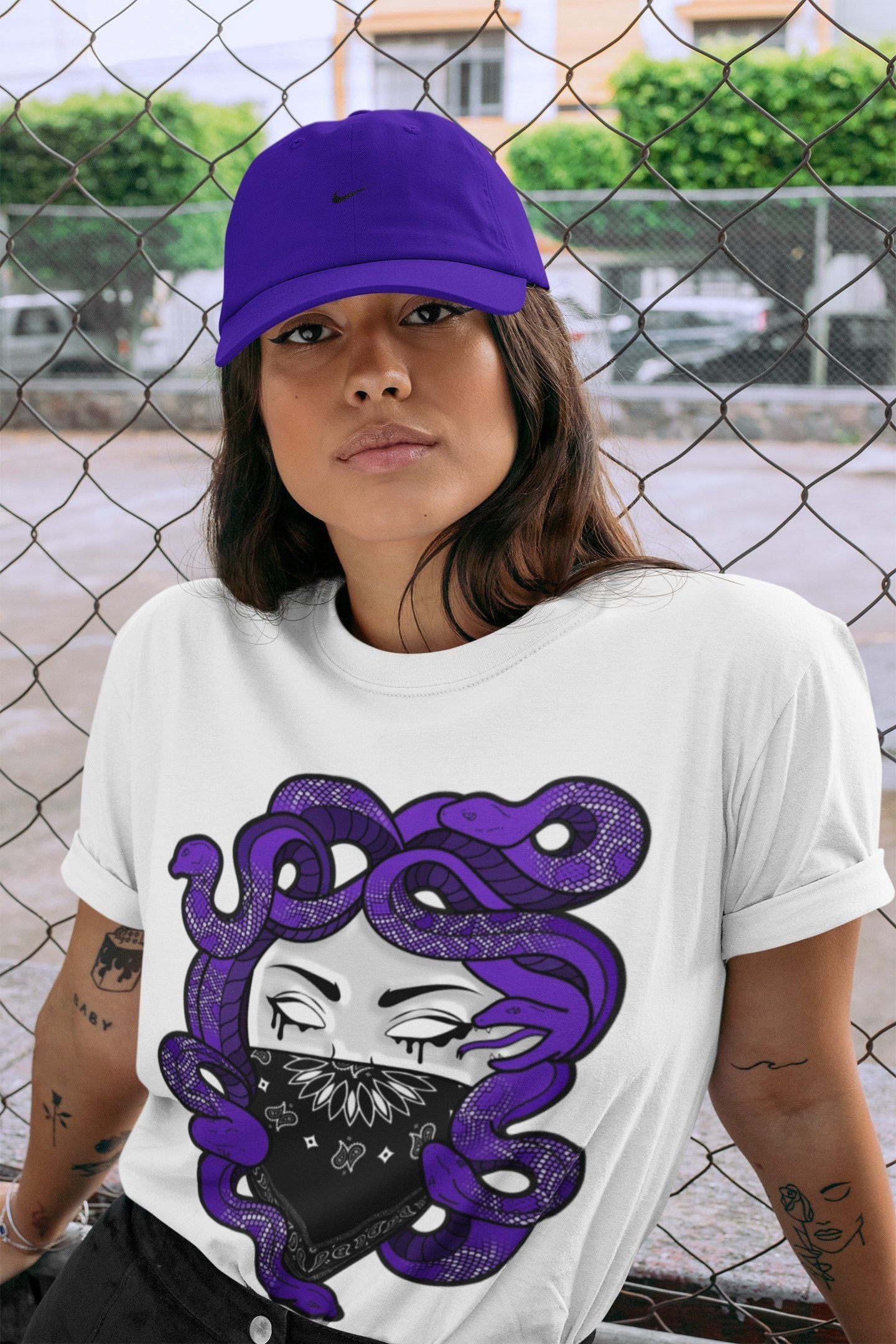 Jordan 1 Court Purple Sneaker Matching T-Shirt Medusa Sneaker Tees Jordan 1 Court Purple Sneaker Release Tees Crew Neck Tees