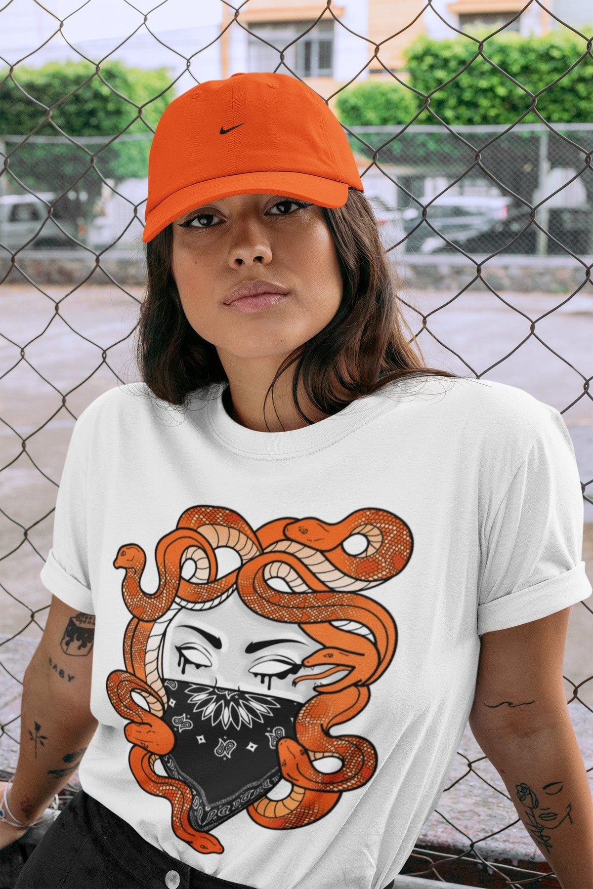 Jordan 1 Electro Orange Sneaker Matching T-Shirt Medusa Sneaker Tees Jordan 1 Electro Orange Sneaker Release Tees Crew Neck Tees