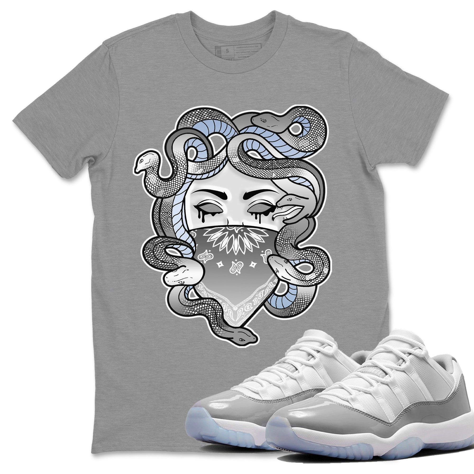 Air Jordan 11 White Cement Medusa Crew Neck Streetwear Sneaker Shirt Air Jordan 11 Cement Grey Sneaker T-Shirts Size Chart
