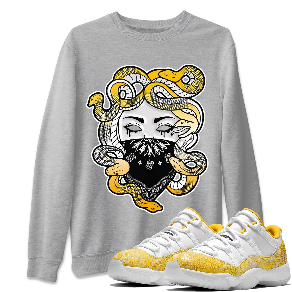 Jordan 11 Yellow Python Sneaker Matching T-Shirt Medusa Sneaker Tees Jordan 11 Yellow Python Sneaker Release Tees Crew Neck Tees