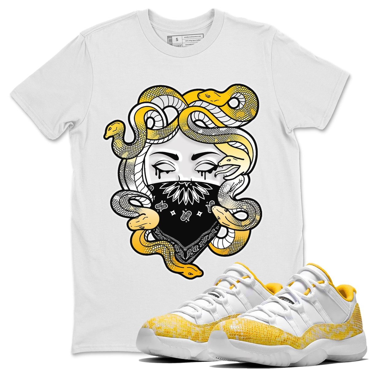 Jordan 11 Yellow Python Sneaker Matching T-Shirt Medusa Sneaker Tees Jordan 11 Yellow Python Sneaker Release Tees Crew Neck Tees