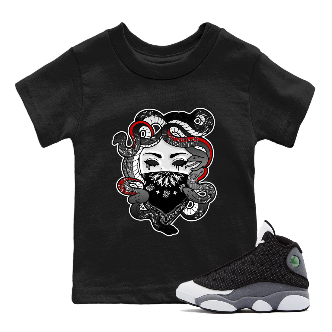 Air Jordan 13 Black Flint Sneaker Match Tees Medusa Streetwear Sneaker Shirt Air Jordan 13 Retro Black Flint Sneaker Release Tees Kids Shirts Black 1