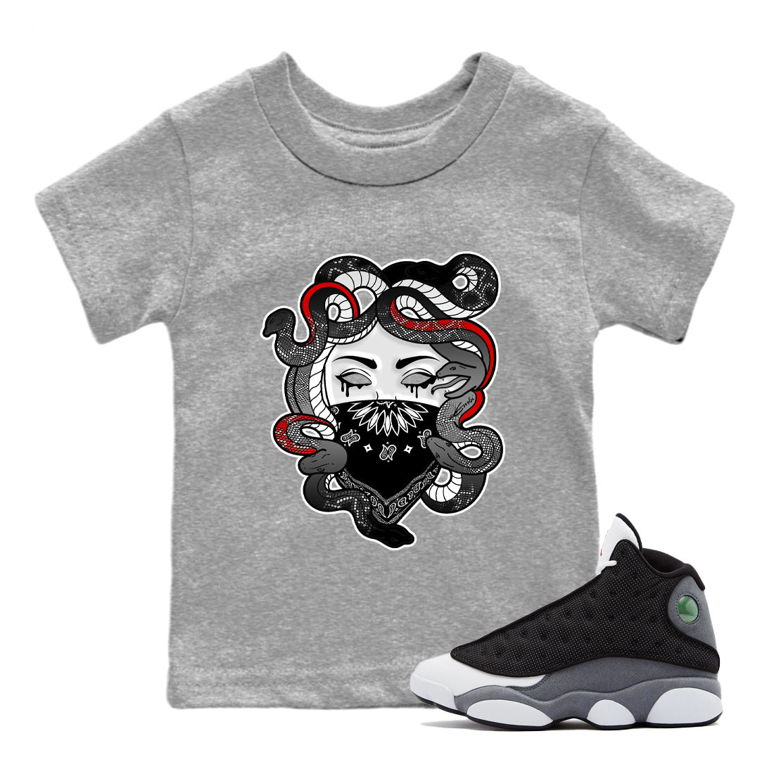 Air Jordan 13 Black Flint Sneaker Match Tees Medusa Streetwear Sneaker Shirt Air Jordan 13 Retro Black Flint Sneaker Release Tees Kids Shirts Heather Grey 1