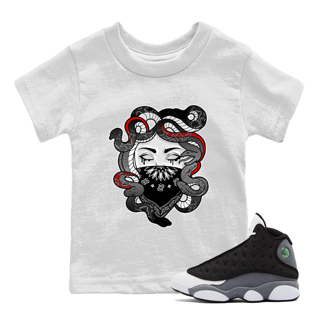 Air Jordan 13 Black Flint Sneaker Match Tees Medusa Streetwear Sneaker Shirt Air Jordan 13 Retro Black Flint Sneaker Release Tees Kids Shirts White 1