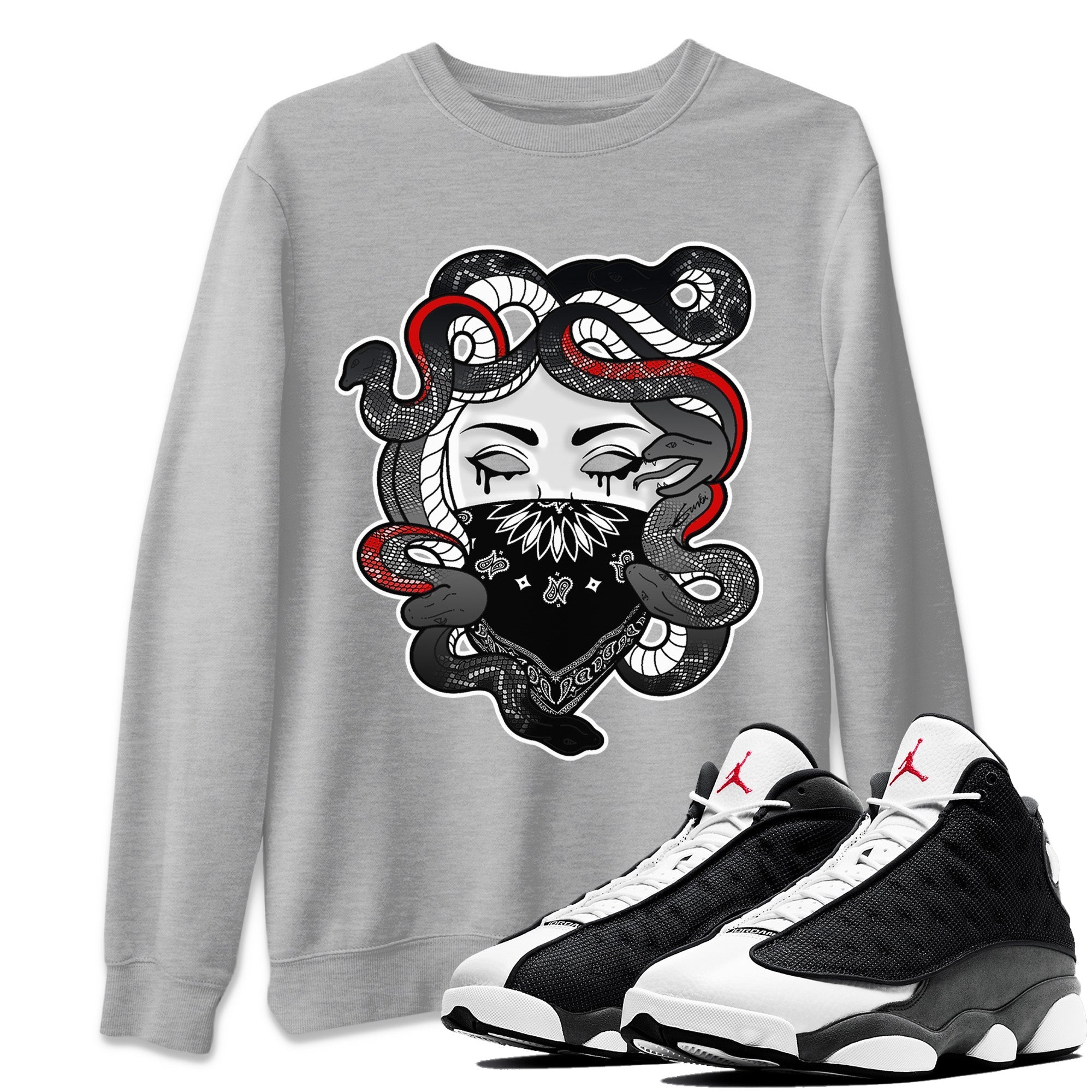 Air Jordan 13 Black Flint Sneaker Match Tees Medusa Streetwear Sneaker Shirt Air Jordan 13 Retro Black Flint Sneaker Release Tees Unisex Shirts Heather Grey 1