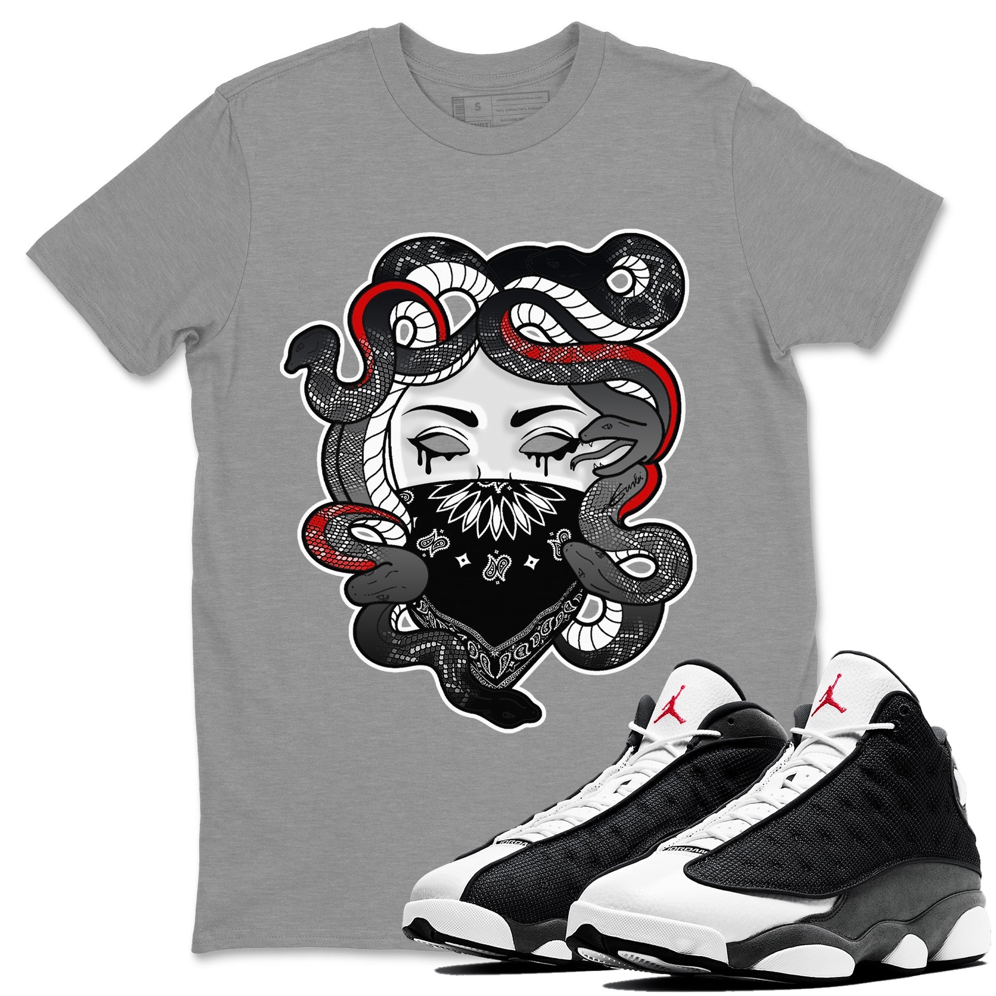 Air Jordan 13 Black Flint Sneaker Match Tees Medusa Streetwear Sneaker Shirt Air Jordan 13 Retro Black Flint Sneaker Release Tees Unisex Shirts Heather Grey 1