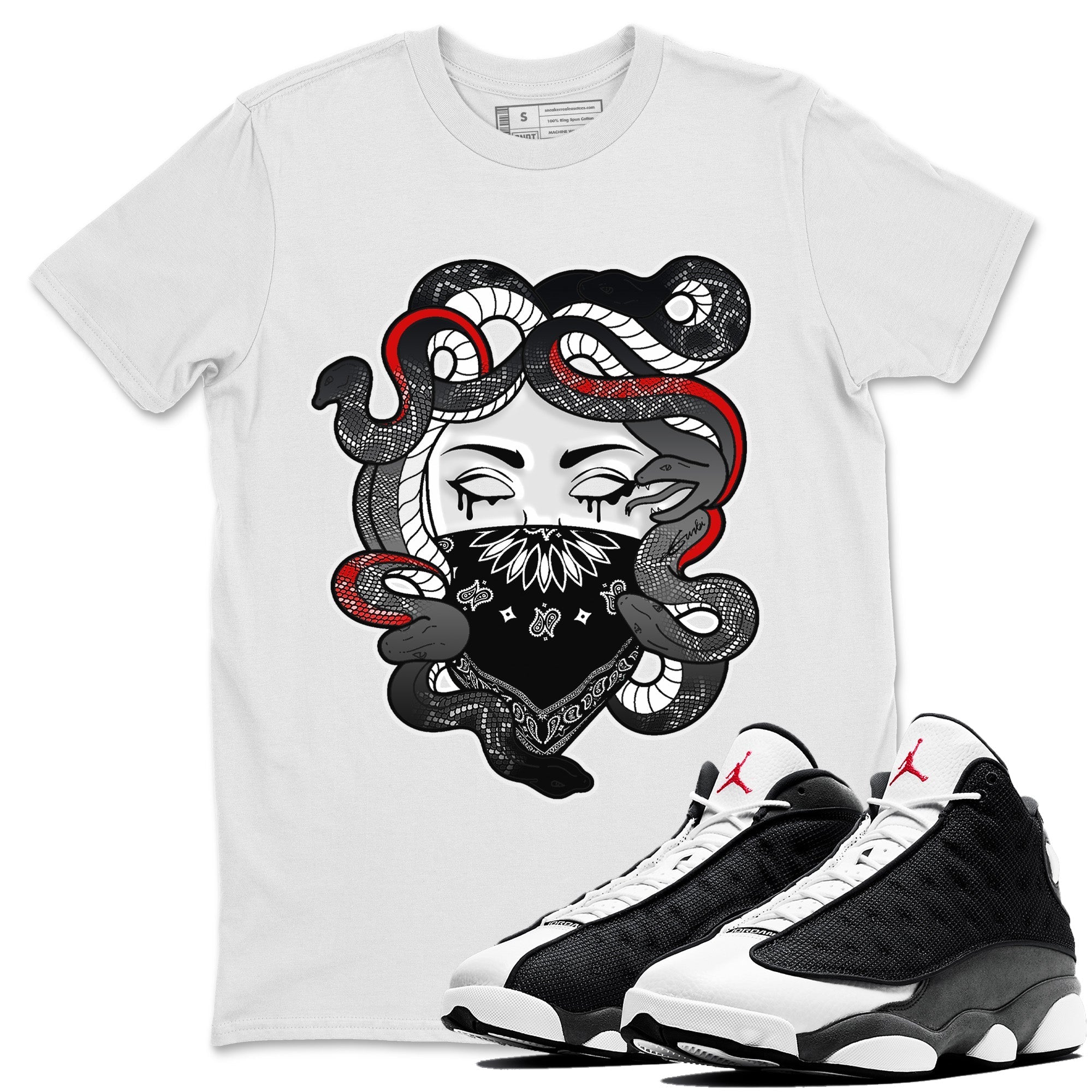 Air Jordan 13 Black Flint Sneaker Match Tees Medusa Streetwear Sneaker Shirt Air Jordan 13 Retro Black Flint Sneaker Release Tees Unisex Shirts White 1