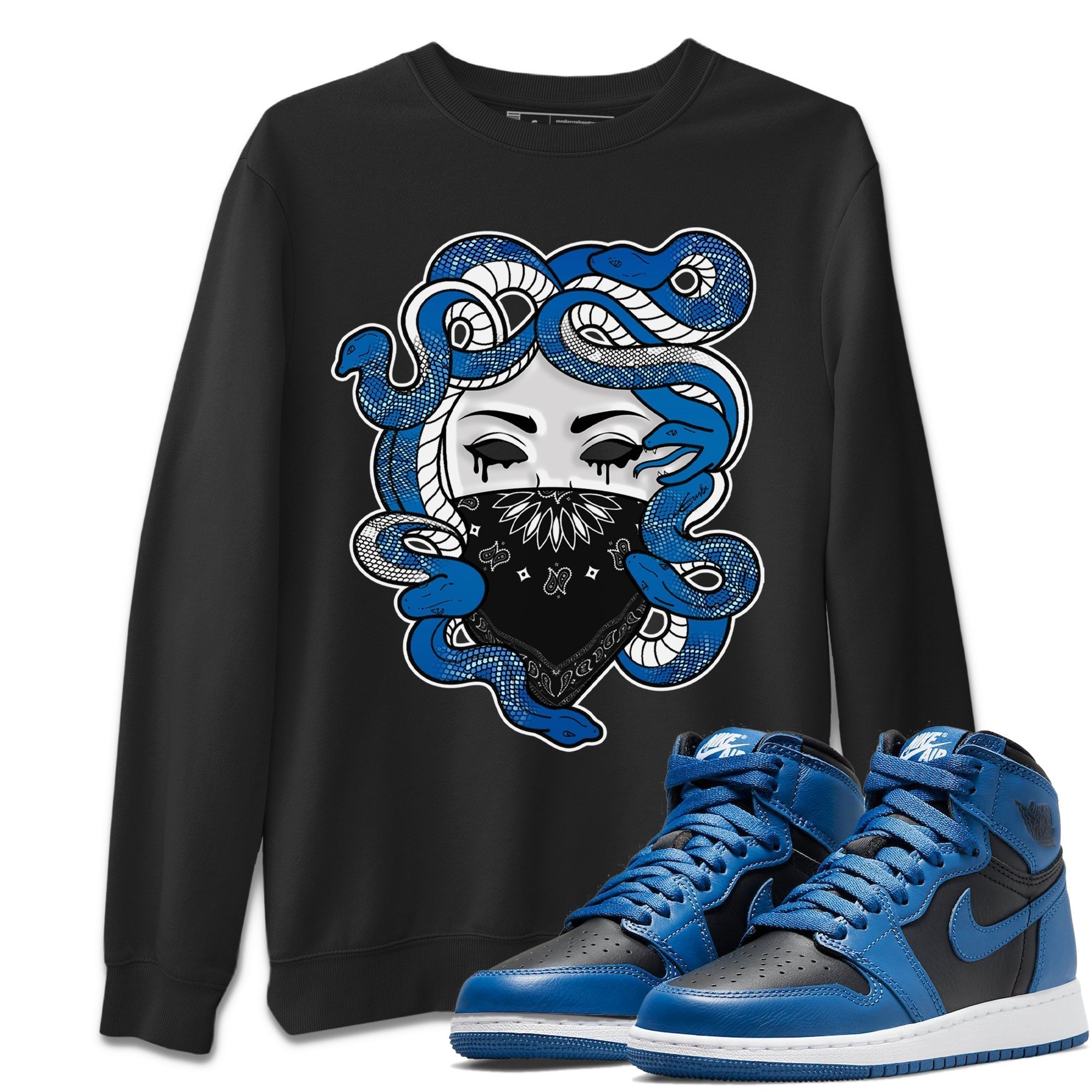 Jordan 1 Dark Marina Blue Sneaker Matching T-Shirt Medusa Sneaker Tees Jordan 1 Dark Marina Blue Sneaker Release Tees Crew Neck Tees