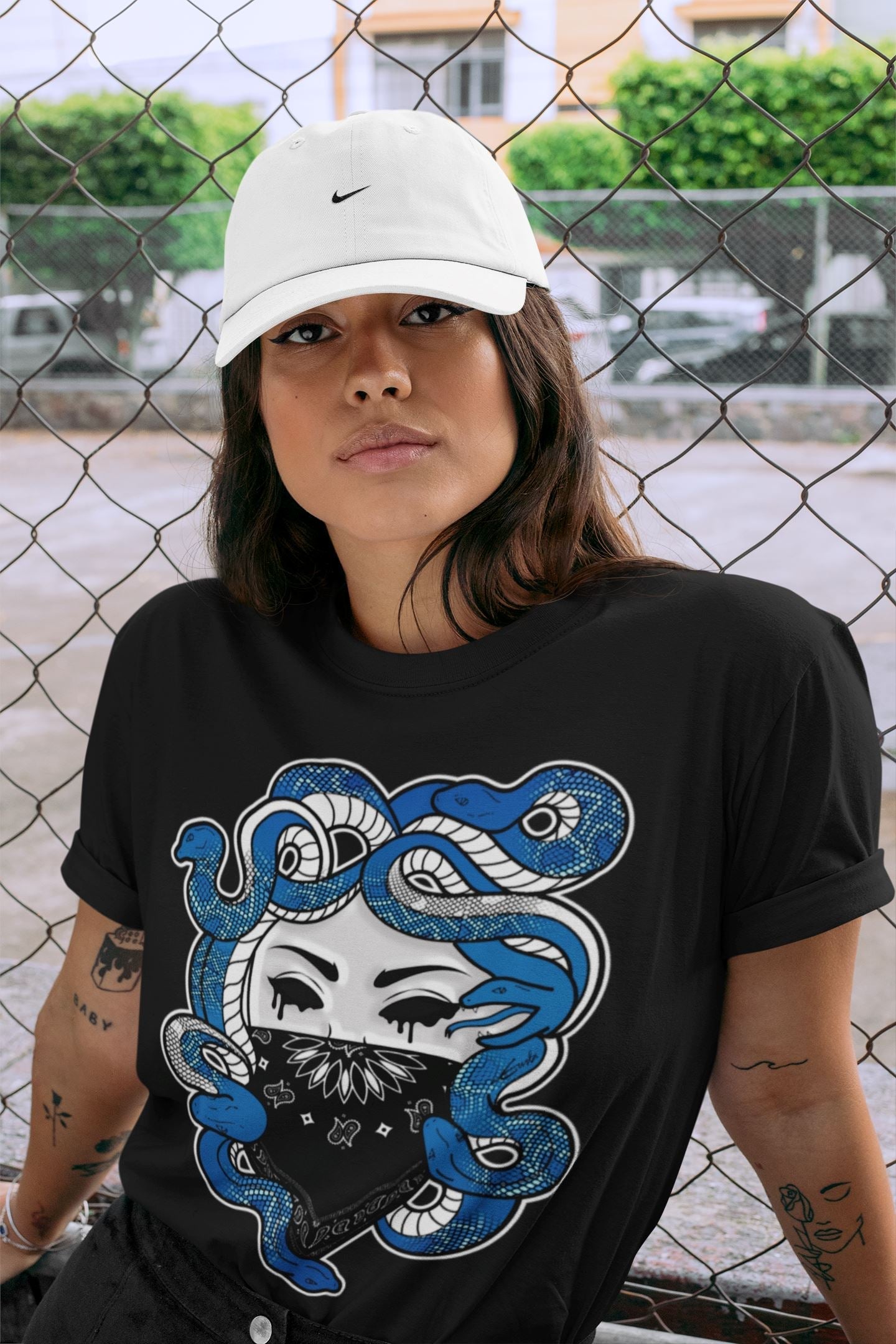 Jordan 1 Dark Marina Blue Sneaker Matching T-Shirt Medusa Sneaker Tees Jordan 1 Dark Marina Blue Sneaker Release Tees Crew Neck Tees