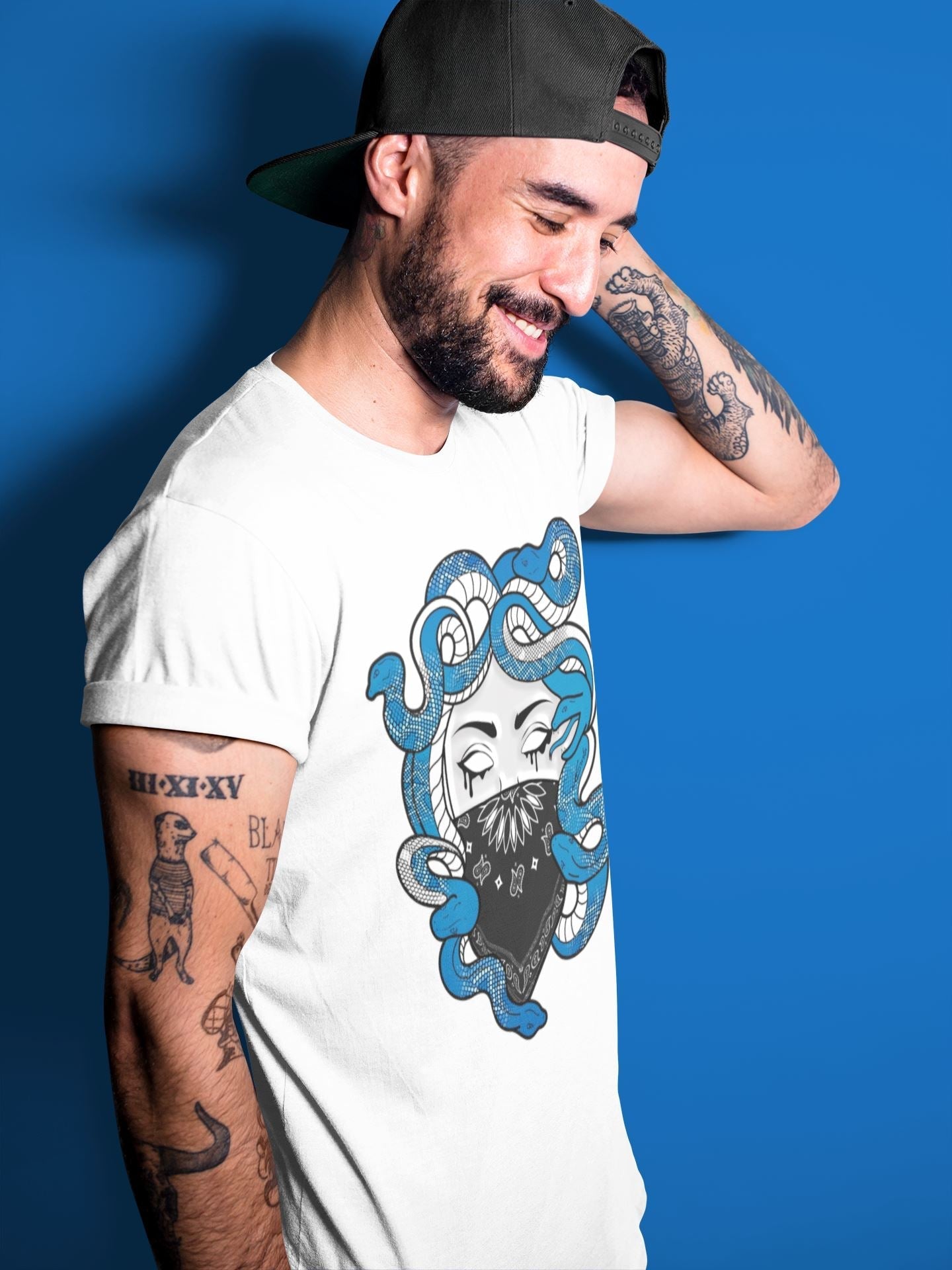 Jordan 1 Dark Marina Blue Sneaker Matching T-Shirt Medusa Sneaker Tees Jordan 1 Dark Marina Blue Sneaker Release Tees Crew Neck Tees