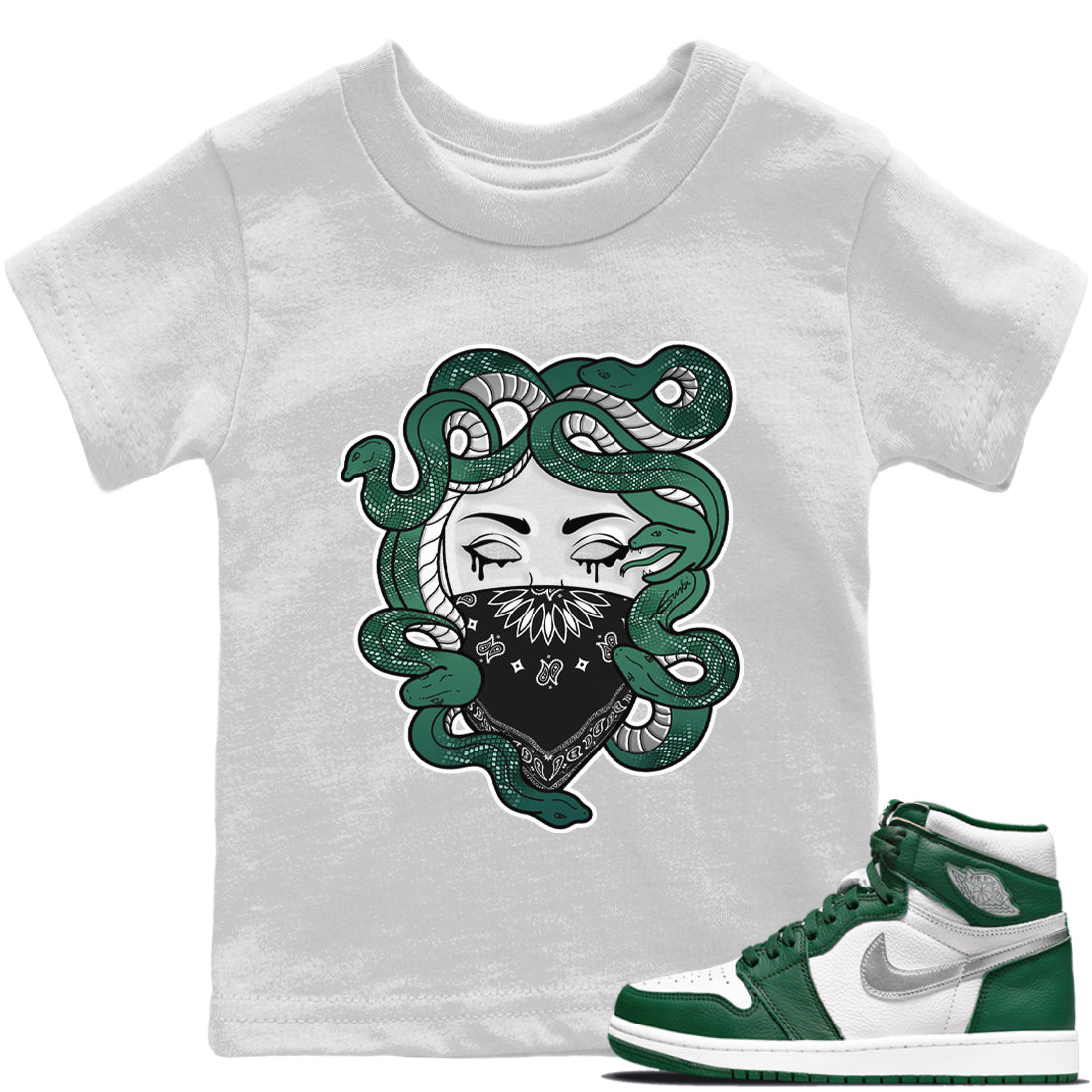 Jordan 1 Gorge Green Sneaker Matching T-Shirt Medusa Sneaker Tees Jordan 1 Gorge Green Sneaker Release Tees Kids Shirts