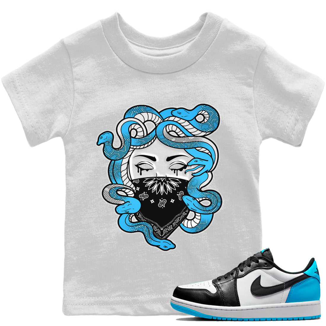 Jordan 1 Powder Blue Sneaker Matching T-Shirt Medusa Sneaker Tees Jordan 1 Powder Blue Sneaker Release Tees Kids Shirts