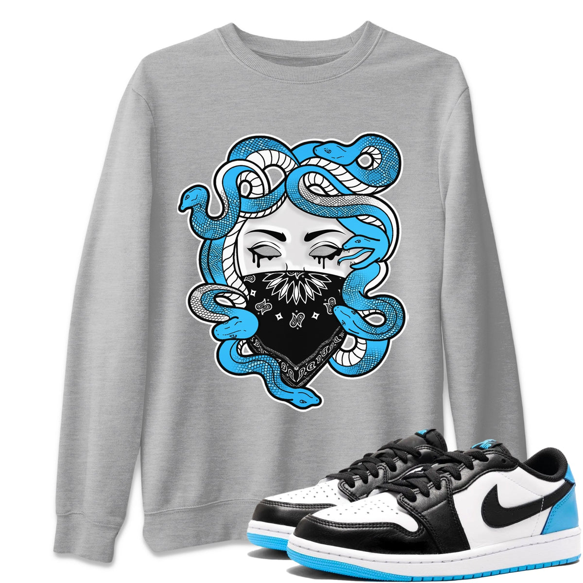 Jordan 1 Powder Blue Sneaker Matching T-Shirt Medusa Sneaker Tees Jordan 1 Powder Blue Sneaker Release Tees Crew Neck Tees