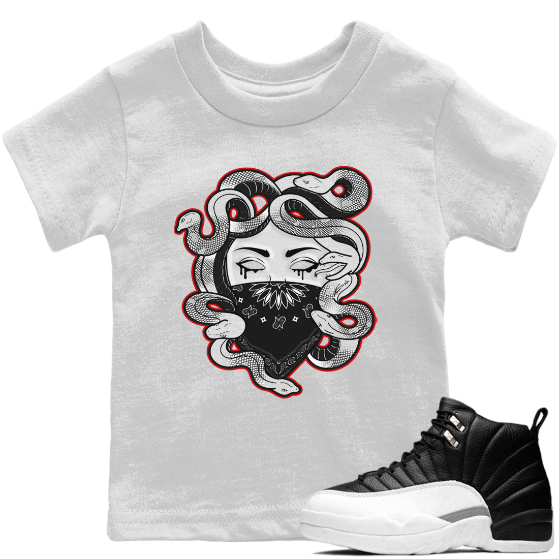 Jordan 12 Playoffs Sneaker Matching T-Shirt Medusa Sneaker Tees Jordan 12 Playoffs Sneaker Release Tees Kids Shirts