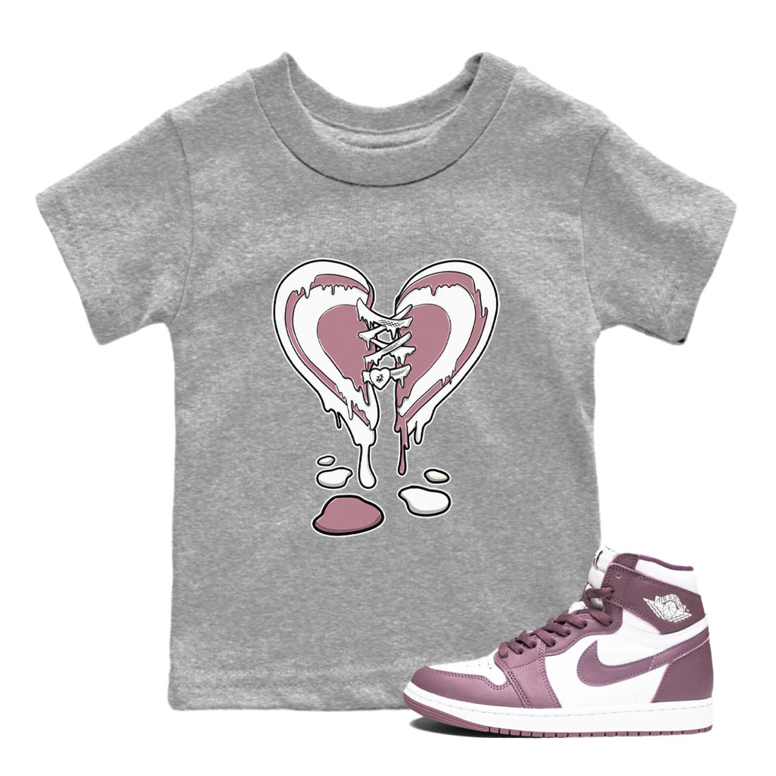 Air Jordan 1 High OG WMNS Mauve shirt to match jordans Melting Heart crew neck streetwear t-shirt Air Jordan 1 Mauve Drip Gear Zone Baby Toddler Heather Grey 1 Sneaker Matching Tee