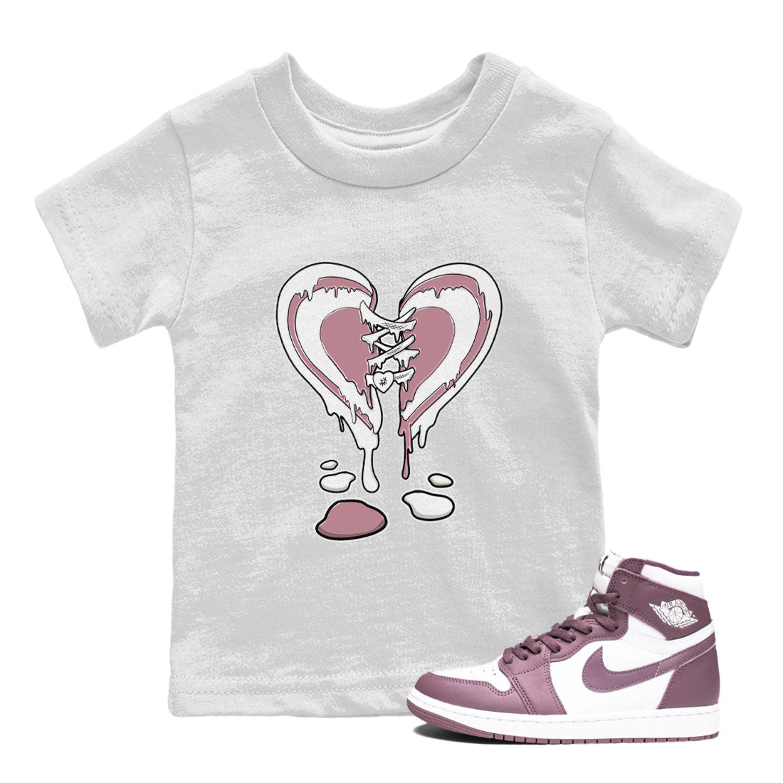 Air Jordan 1 High OG WMNS Mauve shirt to match jordans Melting Heart crew neck streetwear t-shirt Air Jordan 1 Mauve Drip Gear Zone Baby Toddler White 1 Sneaker Matching Tee