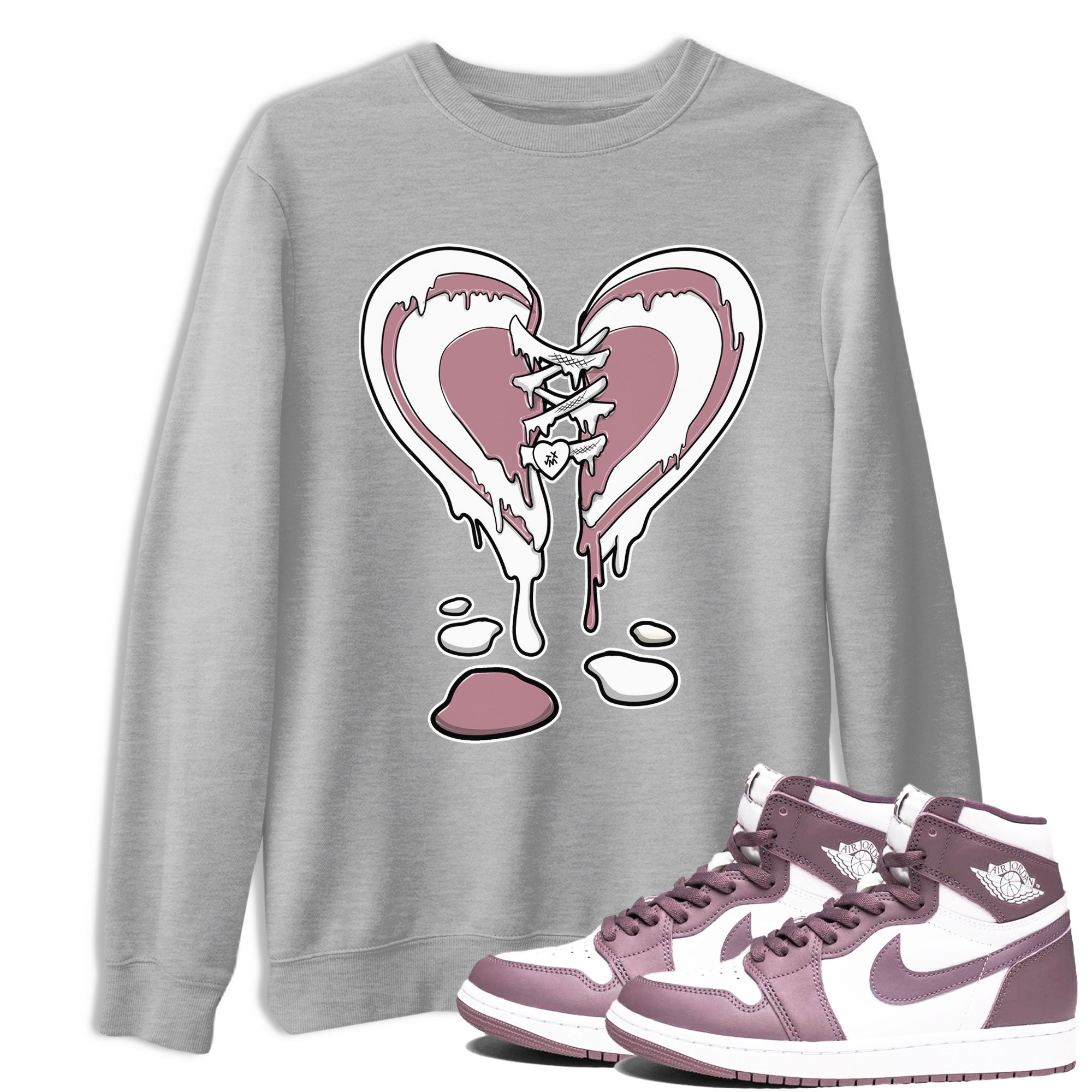 Air Jordan 1 High OG WMNS Mauve shirt to match jordans Melting Heart crew neck streetwear t-shirt Air Jordan 1 Mauve Drip Gear Zone Unisex Heather Grey 1 Sneaker Matching Tee