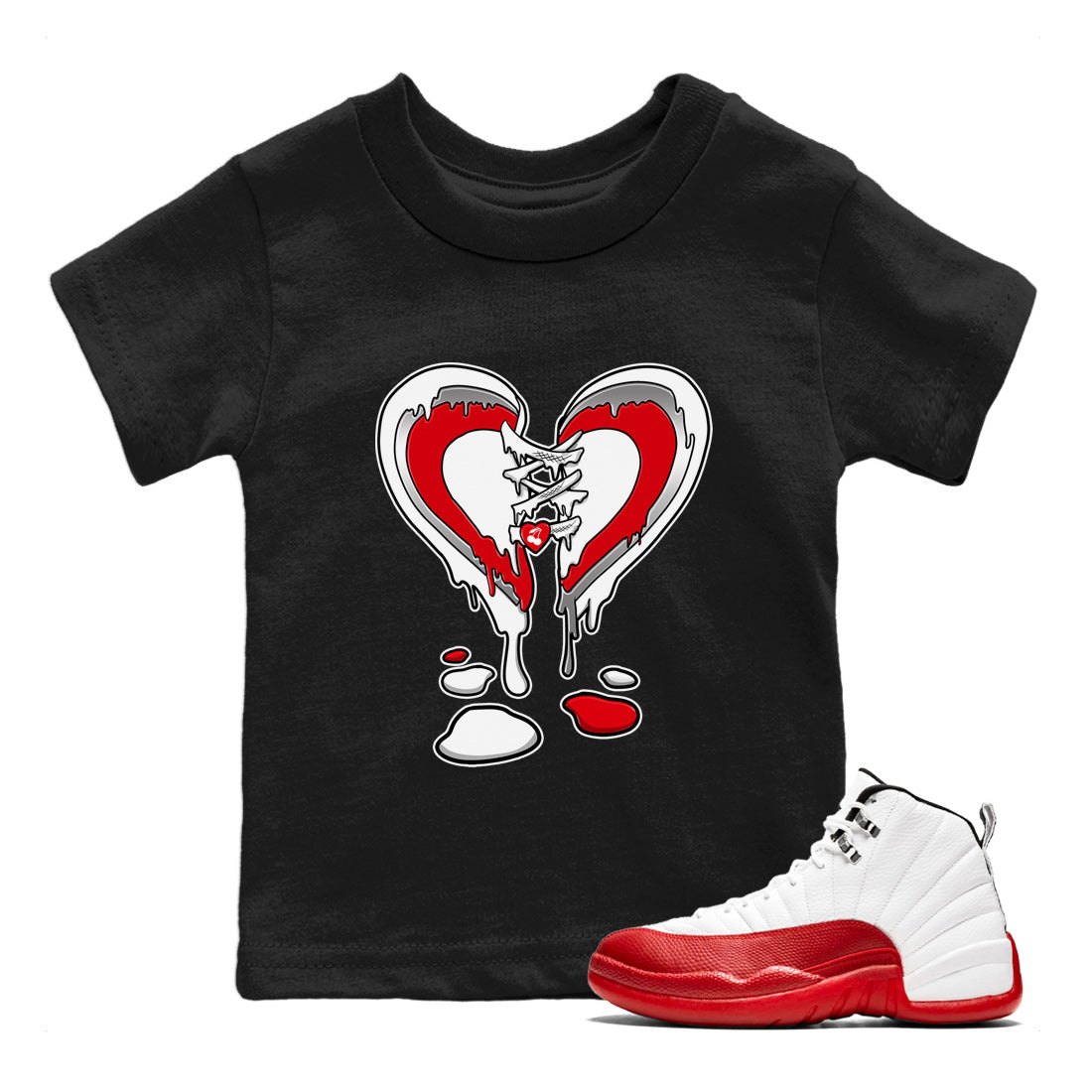 12s Cherry Sneaker Match Tees Melting Heart Streetwear Sneaker Shirt Air Jordan 12 Cherry Sneaker Release Tees Kids Shirts Black 1