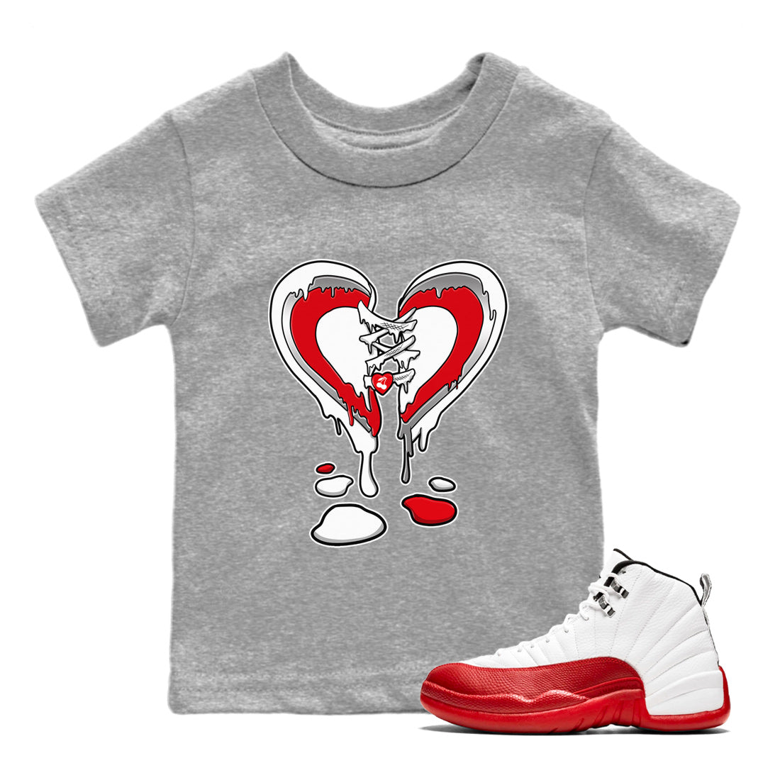 12s Cherry Sneaker Match Tees Melting Heart Streetwear Sneaker Shirt Air Jordan 12 Cherry Sneaker Release Tees Kids Shirts Heather Grey 1