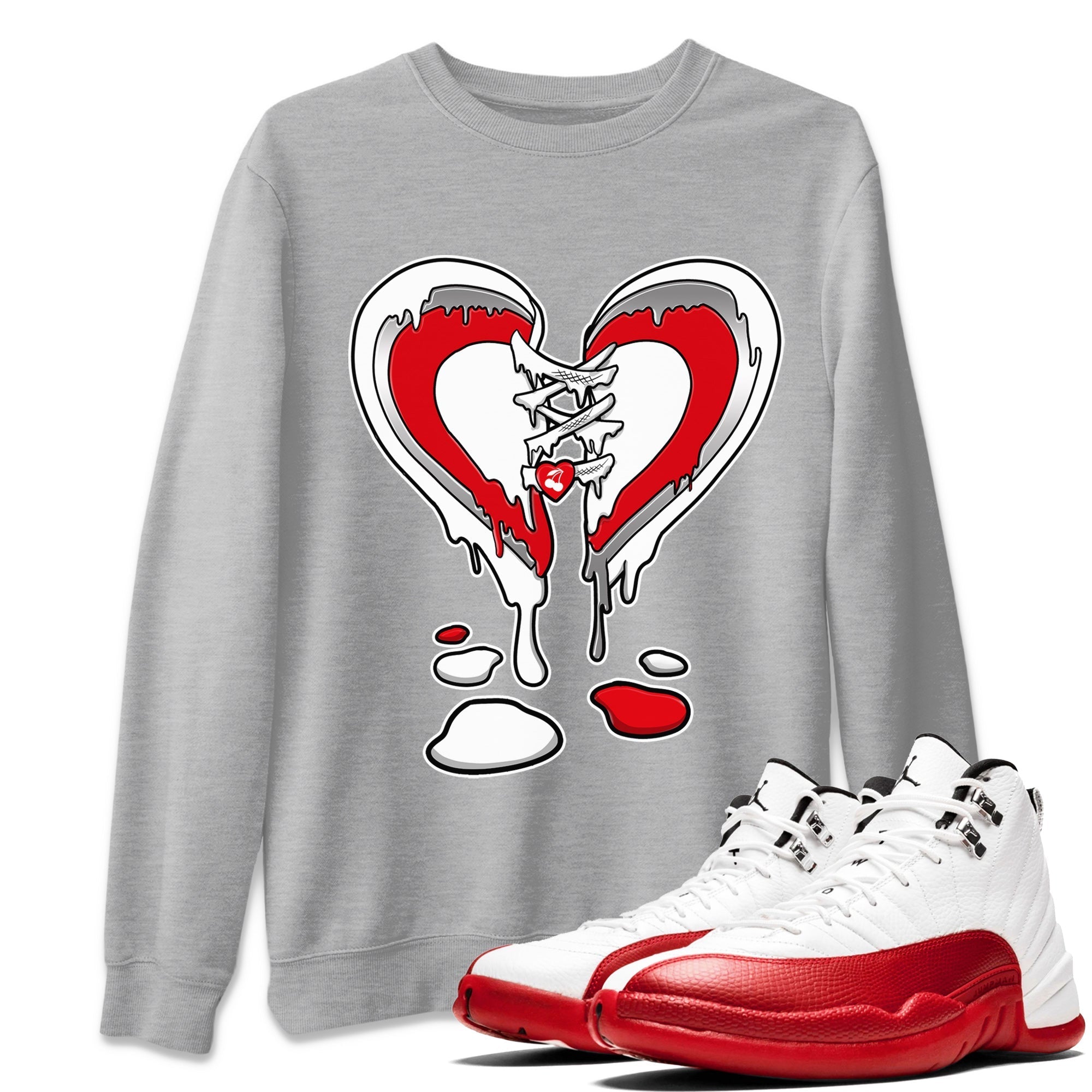 12s Cherry Sneaker Match Tees Melting Heart Streetwear Sneaker Shirt Air Jordan 12 Cherry Sneaker Release Tees Unisex Shirts Heather Grey 1