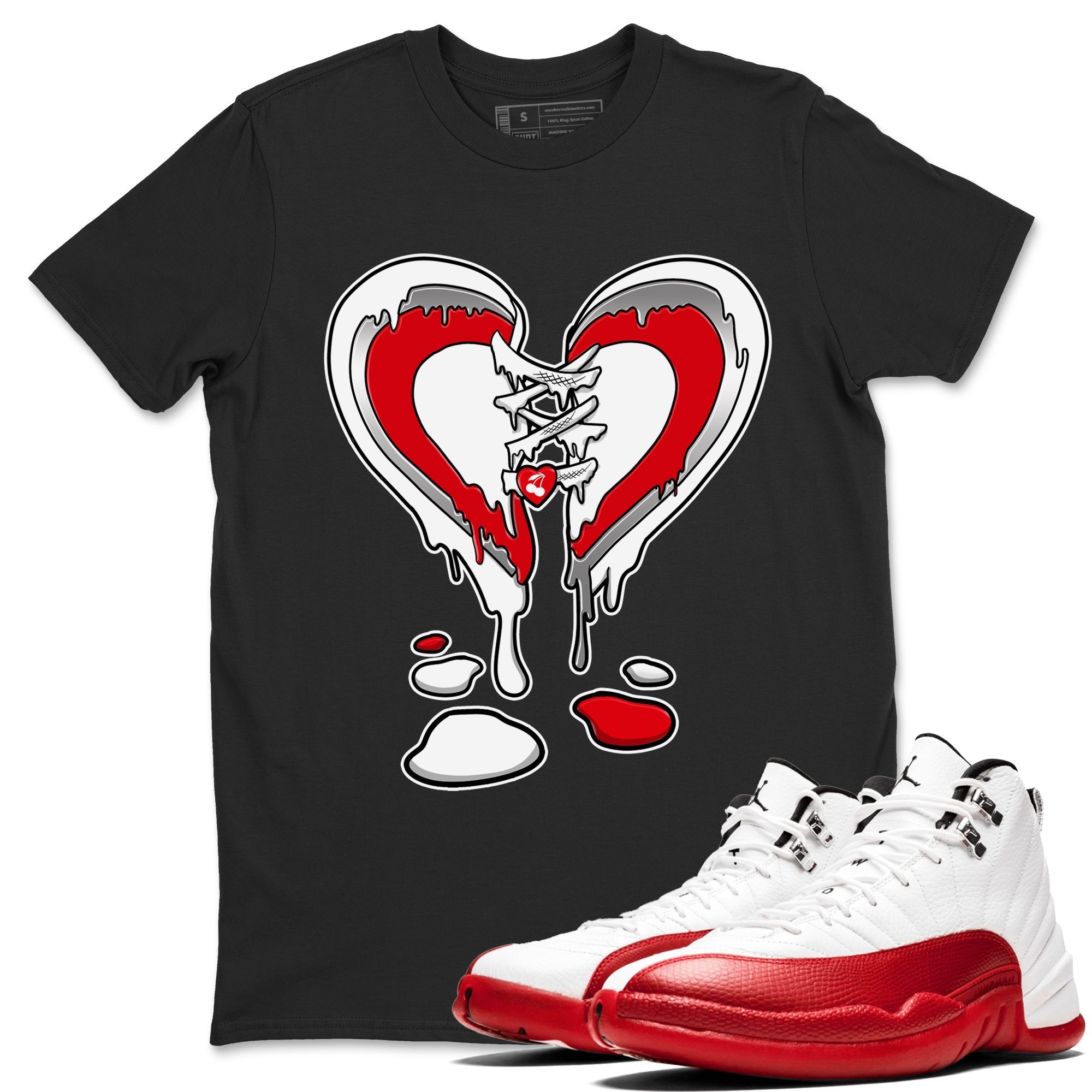 12s Cherry Sneaker Match Tees Melting Heart Streetwear Sneaker Shirt Air Jordan 12 Cherry Sneaker Release Tees Unisex Shirts Black 1