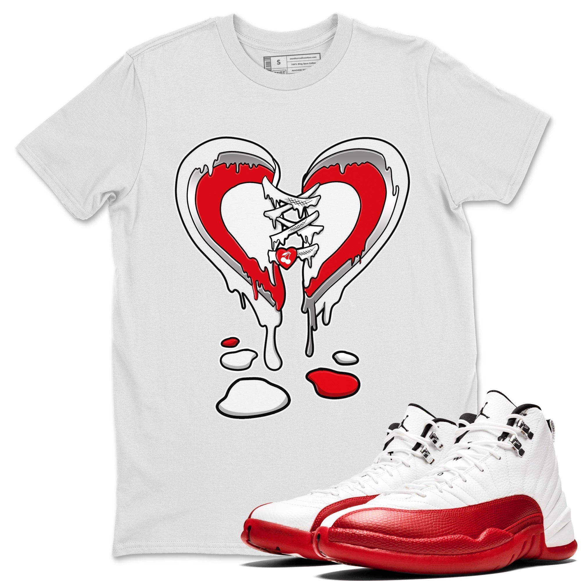 12s Cherry Sneaker Match Tees Melting Heart Streetwear Sneaker Shirt Air Jordan 12 Cherry Sneaker Release Tees Unisex Shirts White 1