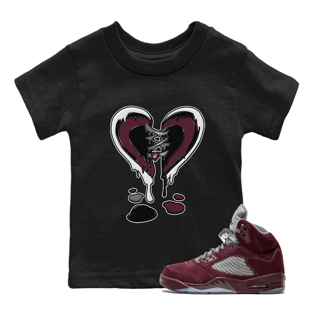 Air Jordan 5 Burgundy Sneaker Match Tees Melting Heart Streetwear Sneaker Shirt Jordan 5 Burgundy Sneaker Release Tees Matching Outfits Kids Shirts Black 1