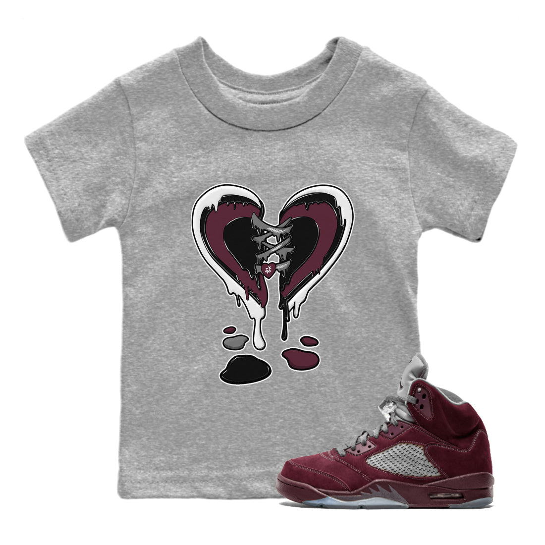 Air Jordan 5 Burgundy Sneaker Match Tees Melting Heart Streetwear Sneaker Shirt Jordan 5 Burgundy Sneaker Release Tees Matching Outfits Kids Shirts Heather Grey 1