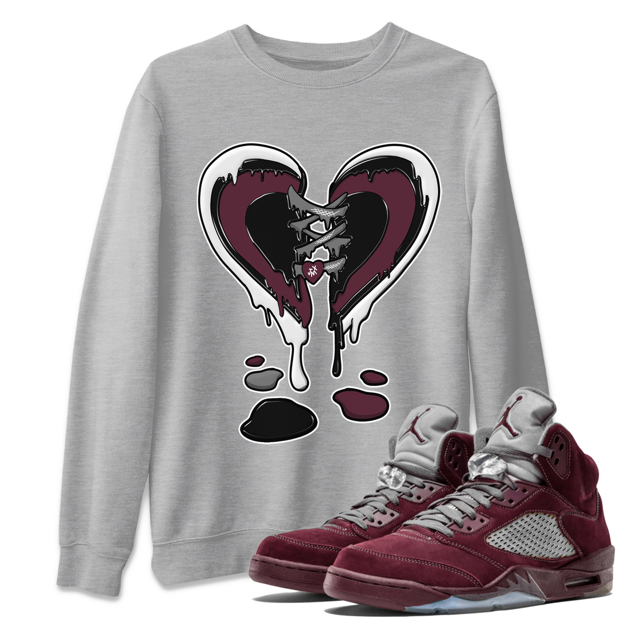 Air Jordan 5 Burgundy Sneaker Match Tees Melting Heart Streetwear Sneaker Shirt Jordan 5 Burgundy Sneaker Release Tees Matching Outfits Unisex Shirts Heather Grey 1