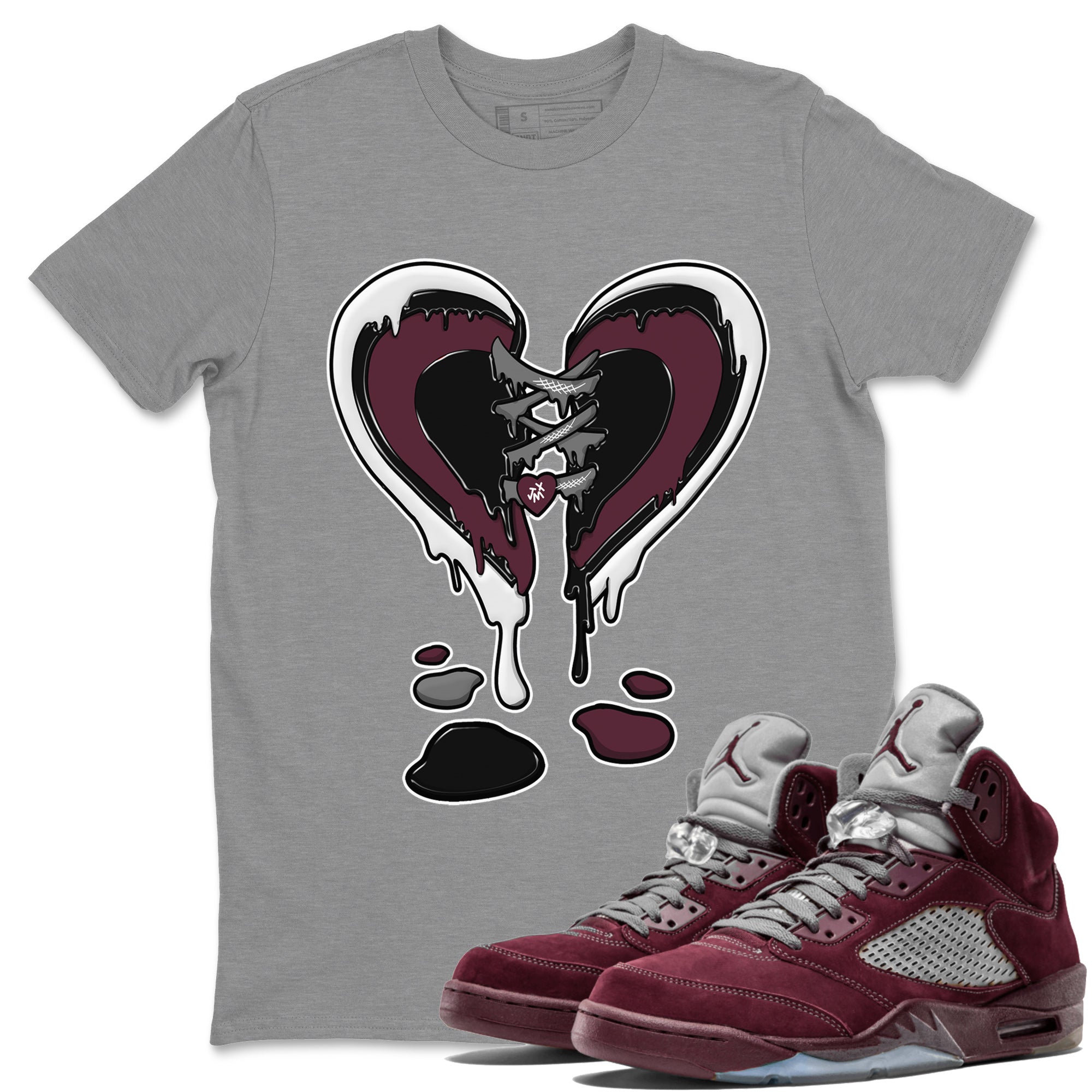 Air Jordan 5 Burgundy Sneaker Match Tees Melting Heart Streetwear Sneaker Shirt Jordan 5 Burgundy Sneaker Release Tees Matching Outfits Unisex Shirts Heather Grey 1