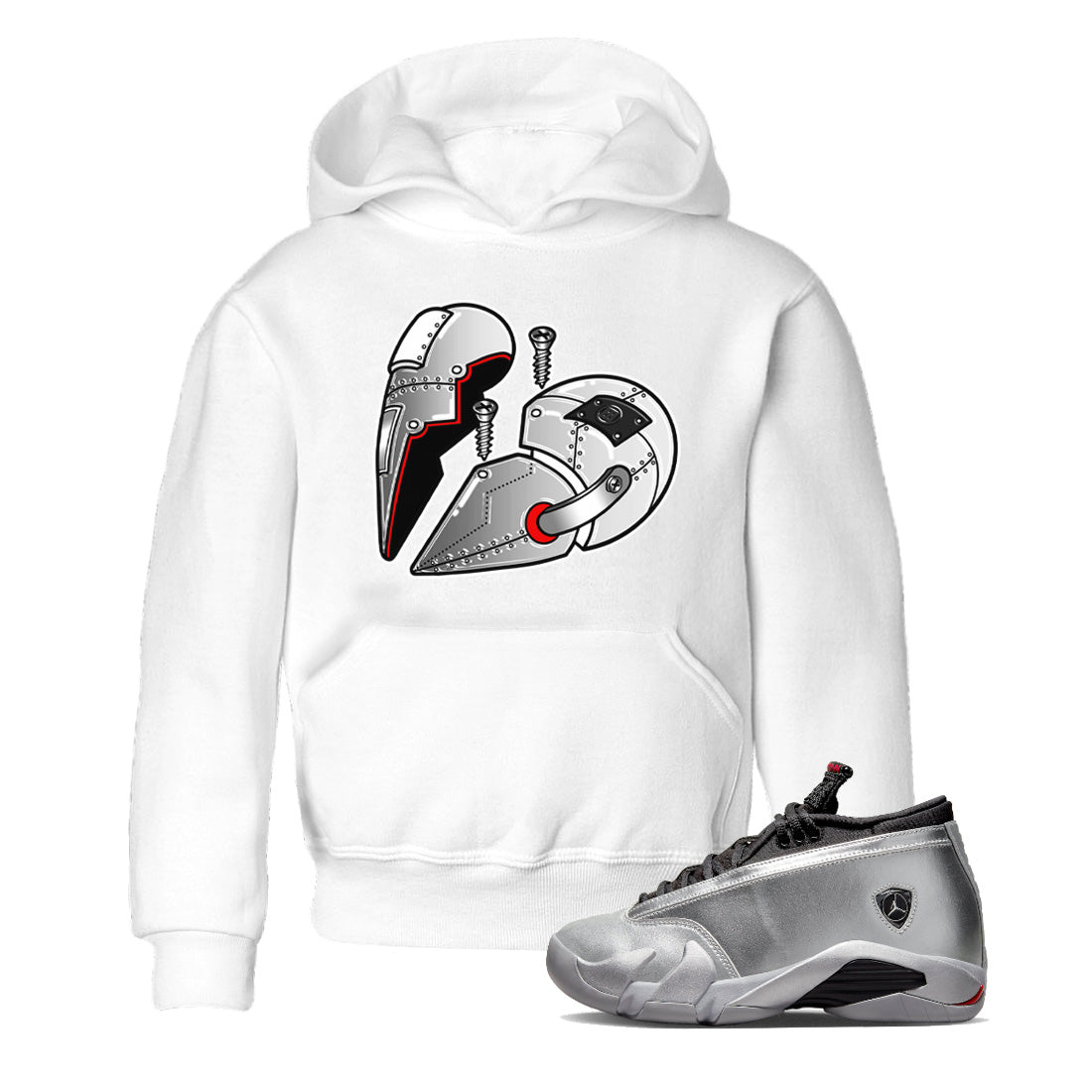 Air Jordan 14 Metallic Silver Sneaker Match Tees Metal Heart Streetwear Sneaker Shirt Jordan 14 WMNS Metallic Silver Sneaker Release Tees Kids Shirts White 1