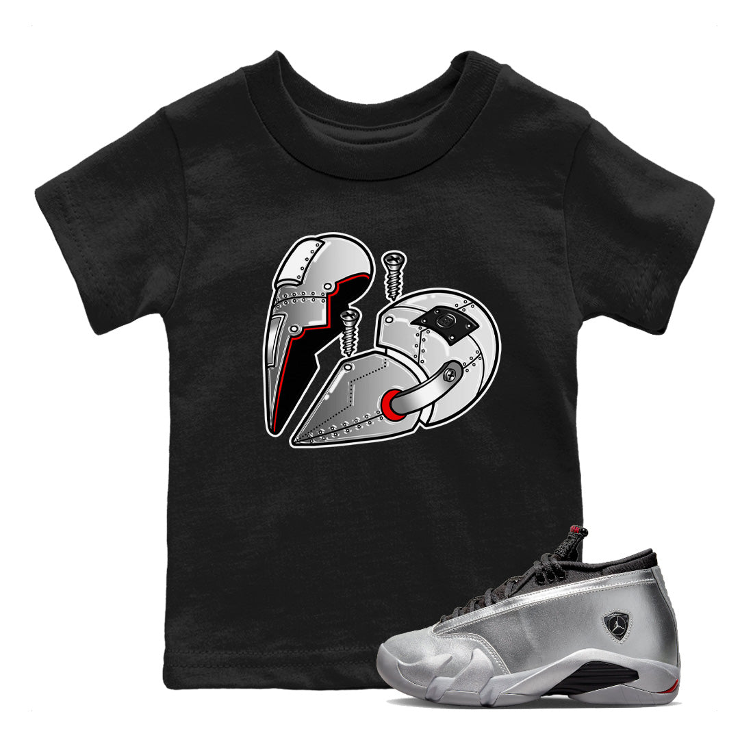 Air Jordan 14 Metallic Silver Sneaker Match Tees Metal Heart Streetwear Sneaker Shirt Jordan 14 WMNS Metallic Silver Sneaker Release Tees Kids Shirts Black 1
