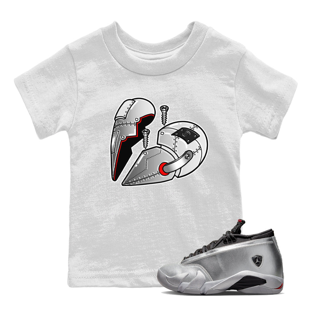 Air Jordan 14 Metallic Silver Sneaker Match Tees Metal Heart Streetwear Sneaker Shirt Jordan 14 WMNS Metallic Silver Sneaker Release Tees Kids Shirts White 1