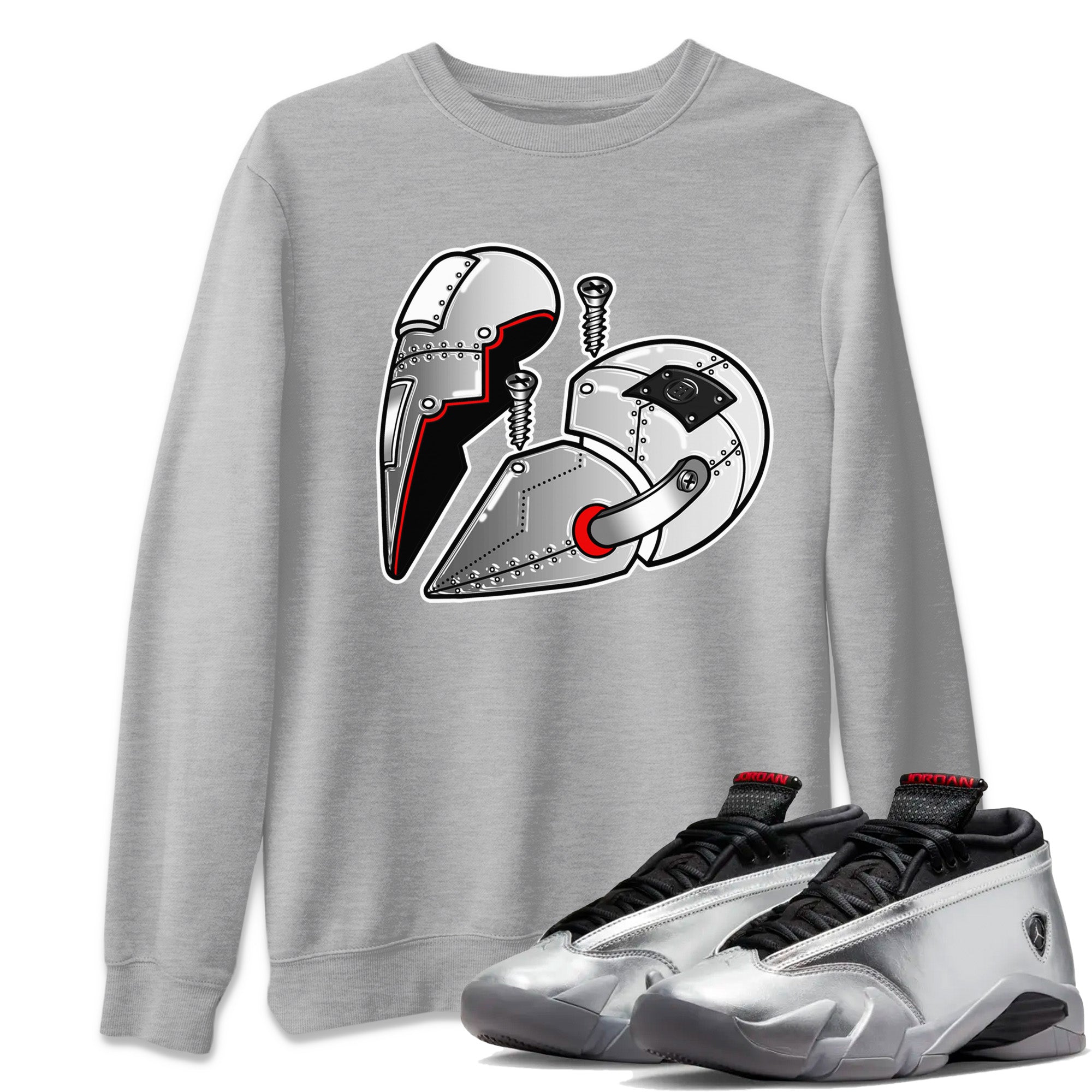 Air Jordan 14 Metallic Silver Sneaker Match Tees Metal Heart Streetwear Sneaker Shirt Jordan 14 WMNS Metallic Silver Sneaker Release Tees Unisex Shirts Heather Grey 1